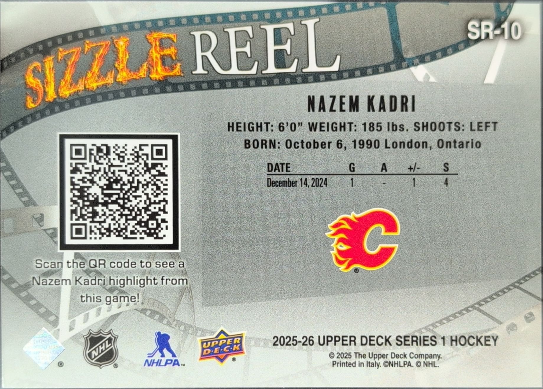 Nazem Kadri 2025-26 Upper Deck #SR-10 Sizzle Reel Calgary Flames - back image