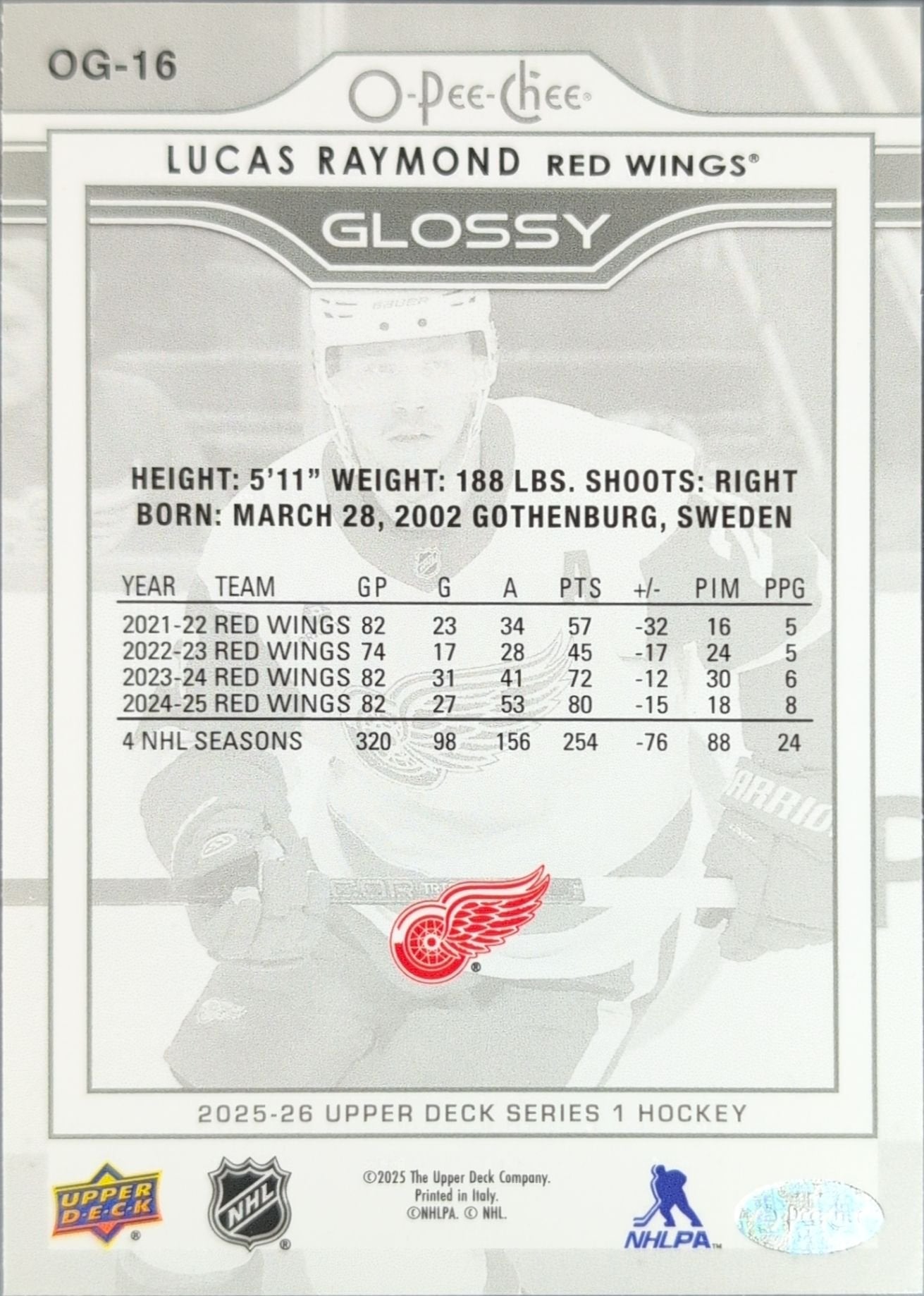 Lucas Raymond 2025-26 Upper Deck #OG-16 O-Pee-Chee Glossy Detroit Red Wings - back image