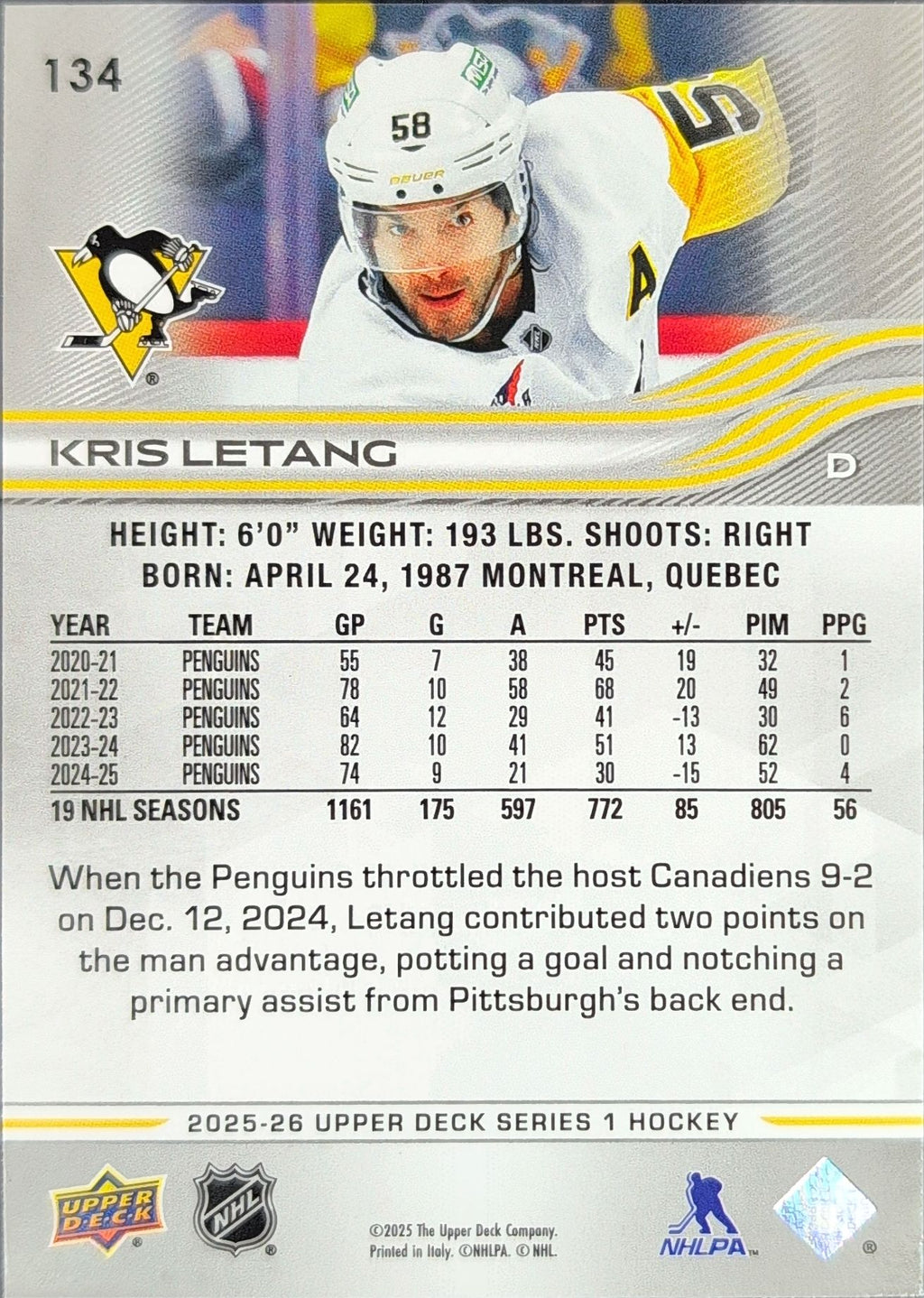 2025-26 Upper Deck Kris Letang #134 Pittsburgh Penguins back