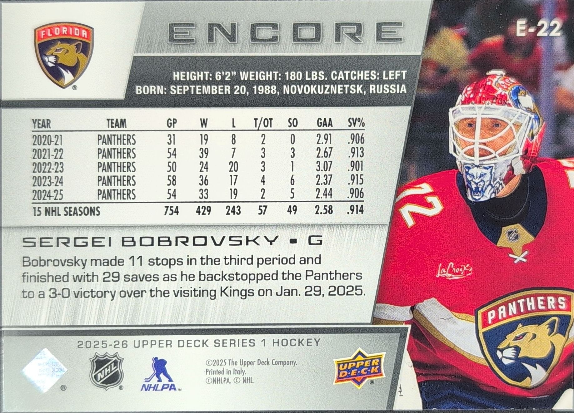Sergei Bobrovsky 2025-26 Upper Deck #E-22 Encore Florida Panthers - back image