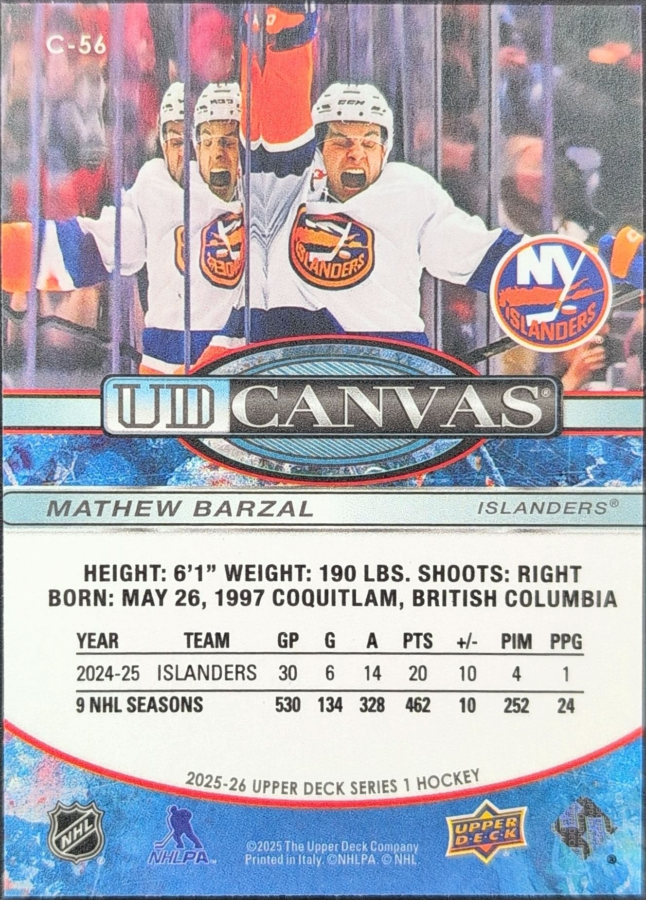 Mathew Barzal 2025-26 Upper Deck #C-56 UD Canvas New York Islanders - back image