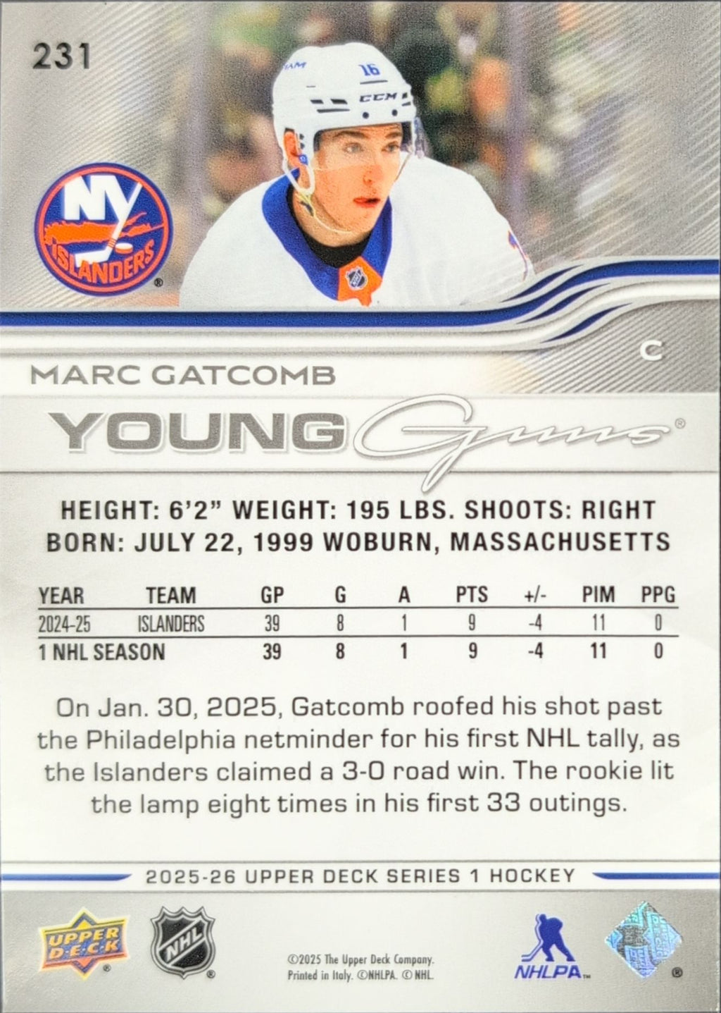 2025-26 Upper Deck Marc Gatcomb #231 New York Islanders back