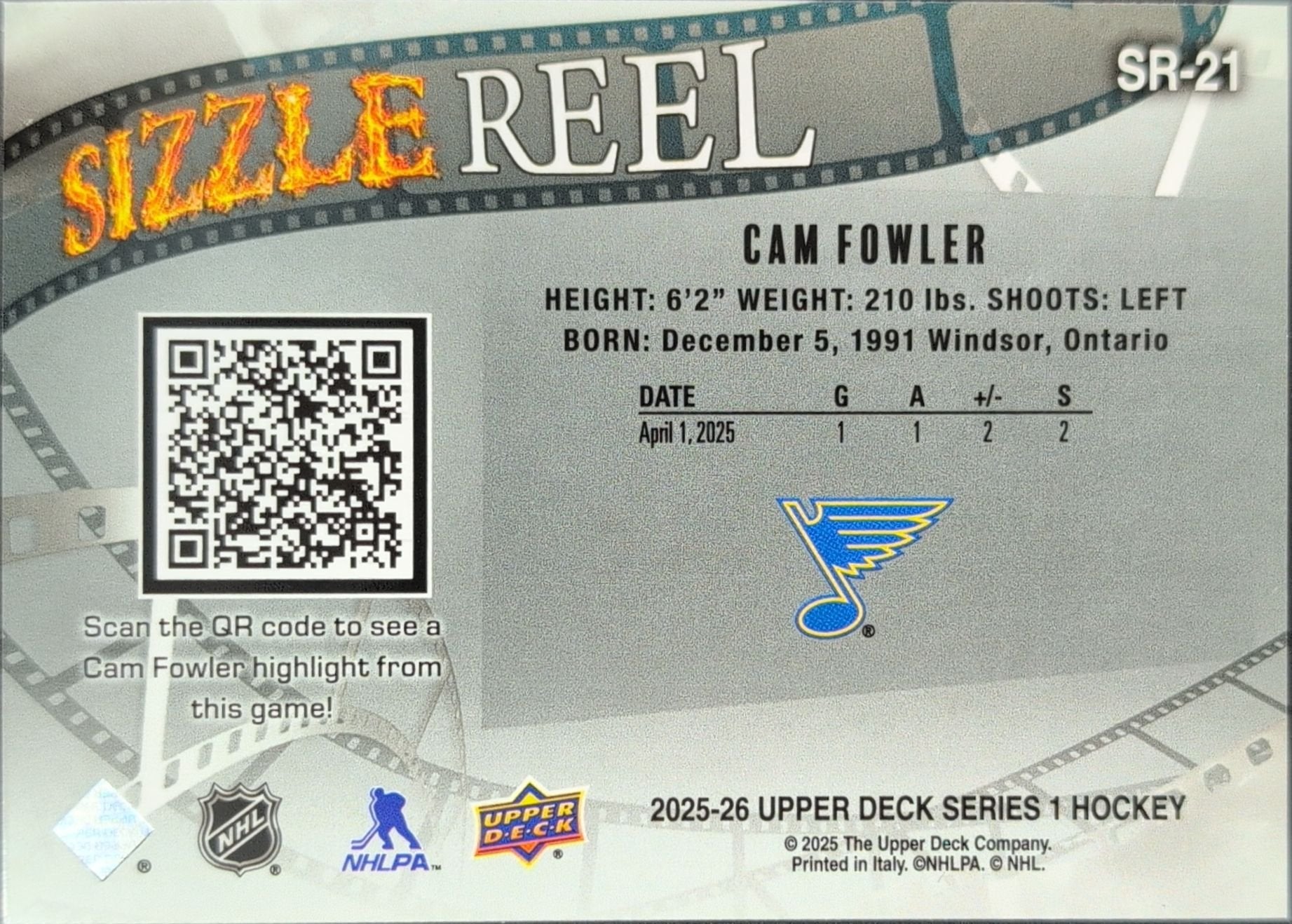 Cam Fowler 2025-26 Upper Deck #SR-21 Sizzle Reel St. Louis Blues - back image