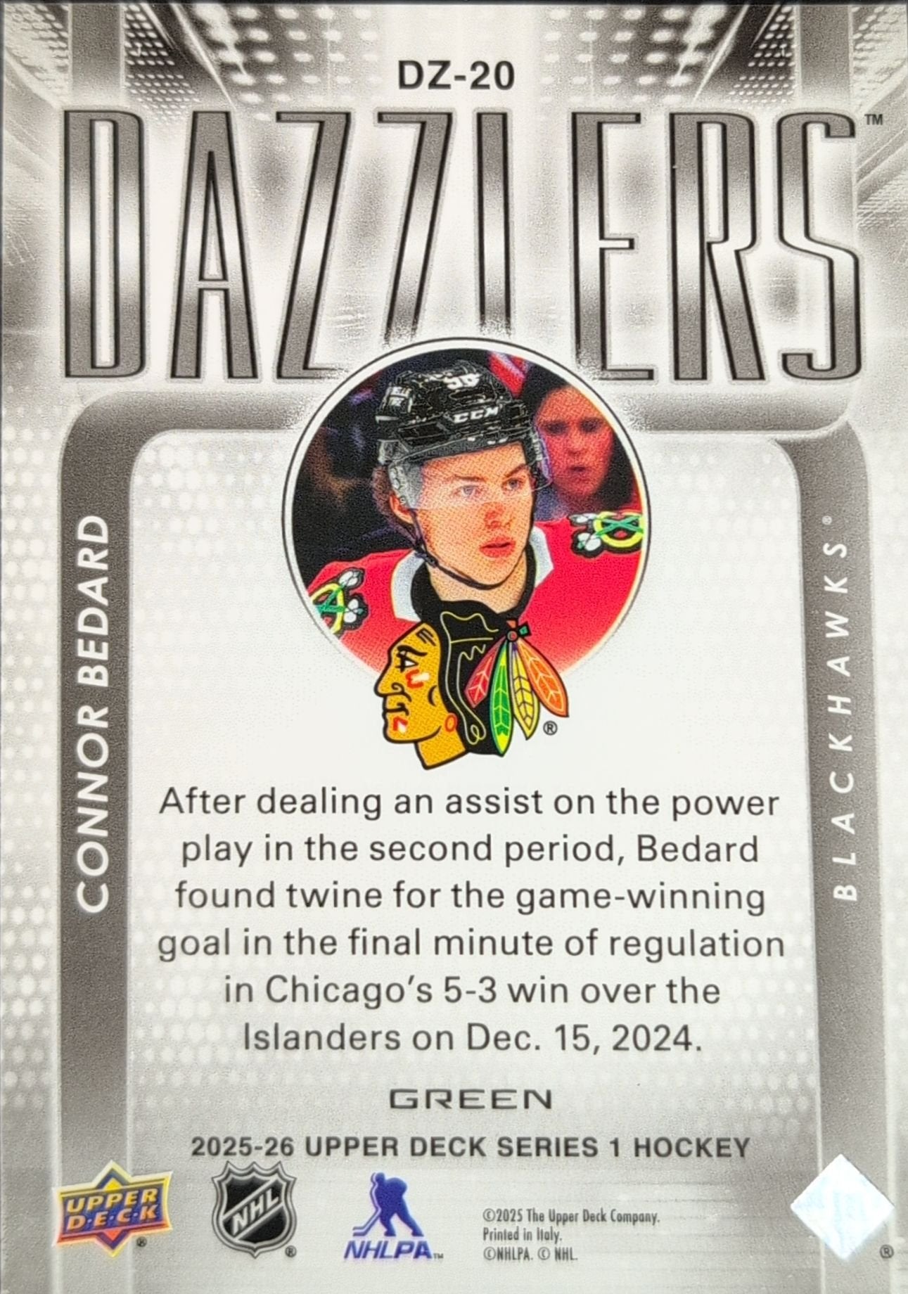 Connor Bedard 2025-26 Upper Deck #DZ-20 Dazzlers Green Chicago Blackhawks - back image