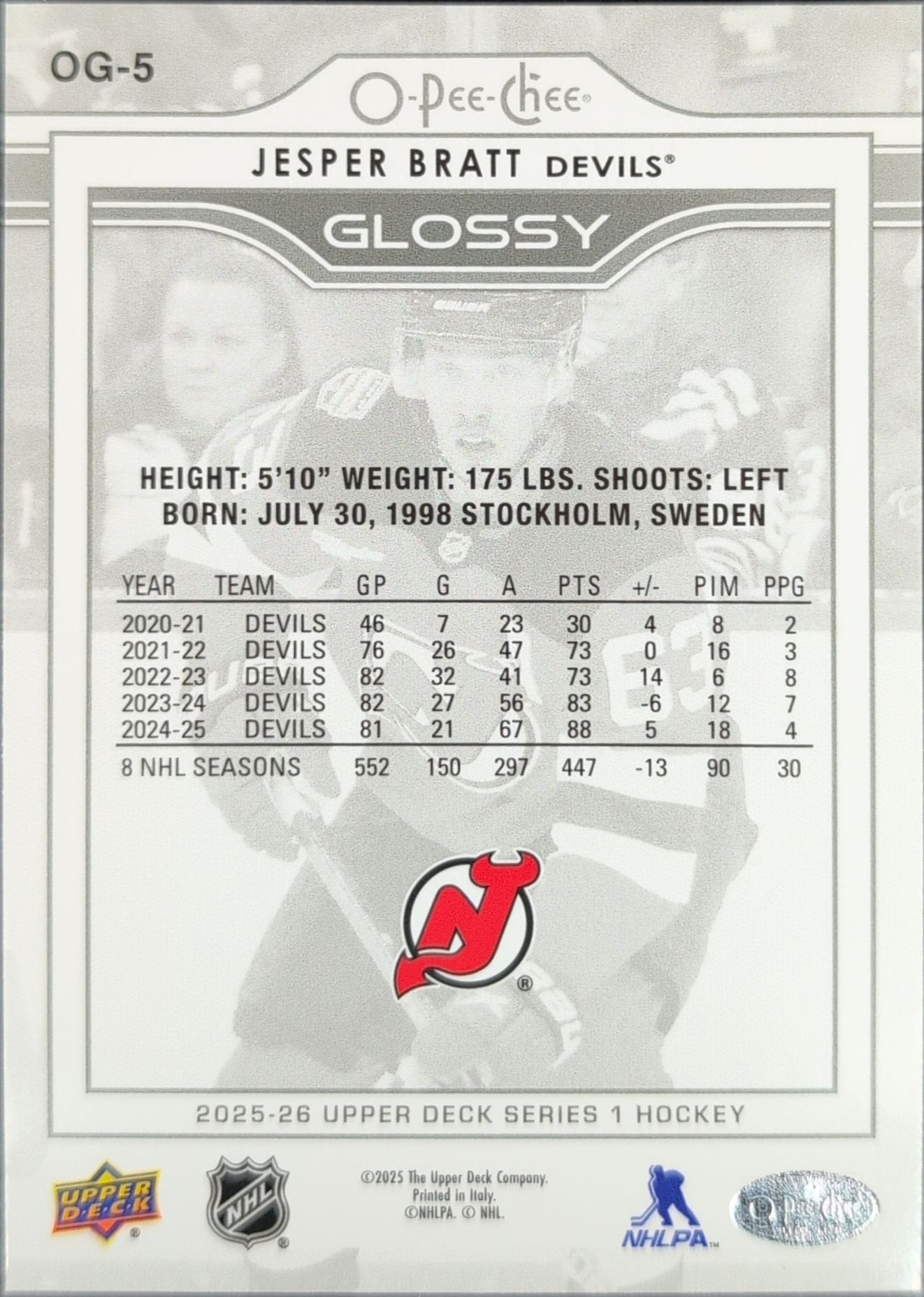 Jesper Bratt 2025-26 Upper Deck #OG-5 O-Pee-Chee Glossy New Jersey Devils - back image