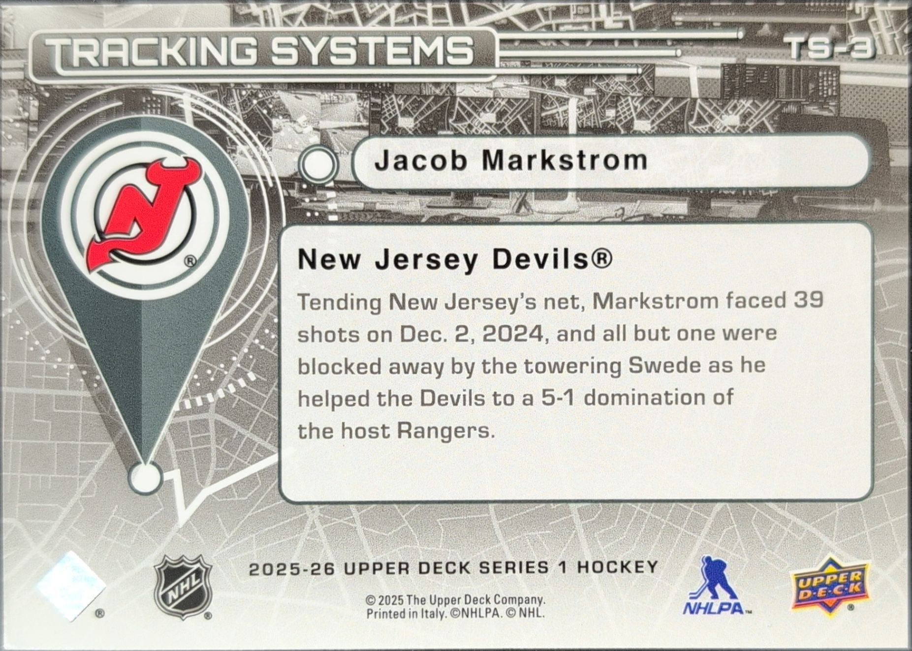 Jacob Markstrom 2025-26 Upper Deck #TS-3 Tracking Systems New Jersey Devils - back image
