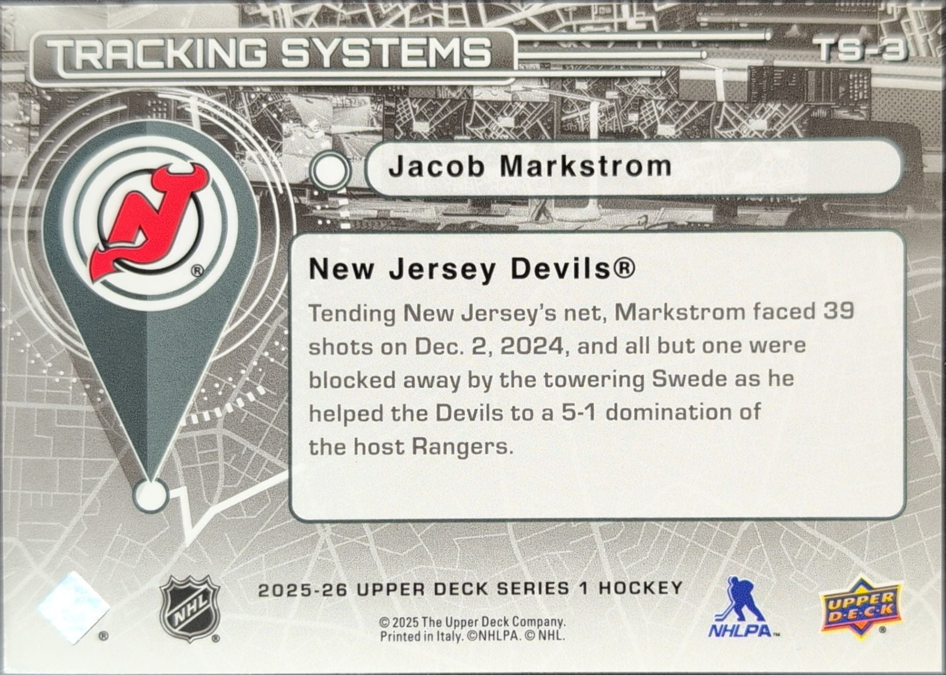 2025-26 Upper Deck Jacob Markstrom #TS-3 Tracking Systems New Jersey Devils back