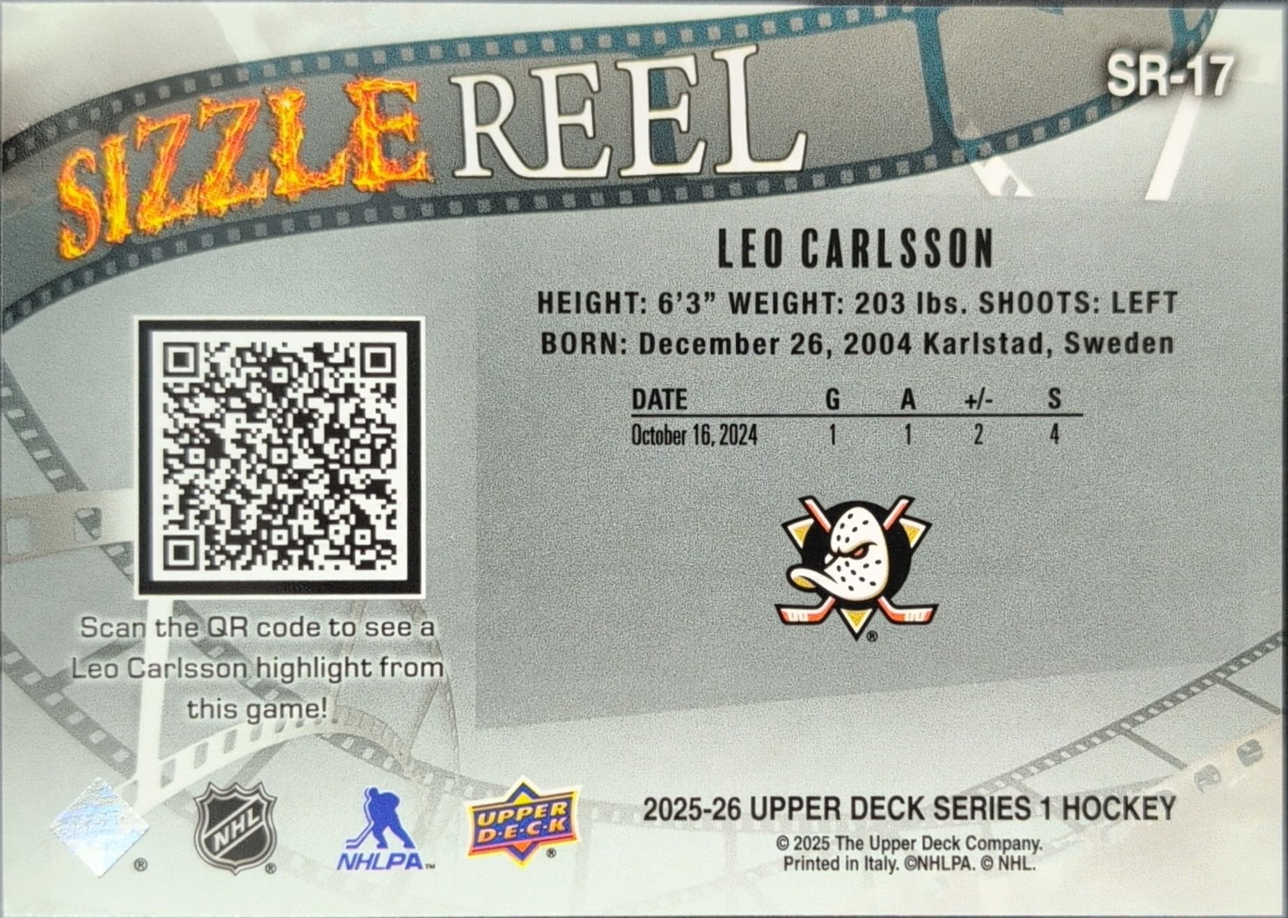 Leo Carlsson 2025-26 Upper Deck #SR-17 Sizzle Reel Speckle Anaheim Ducks - back image