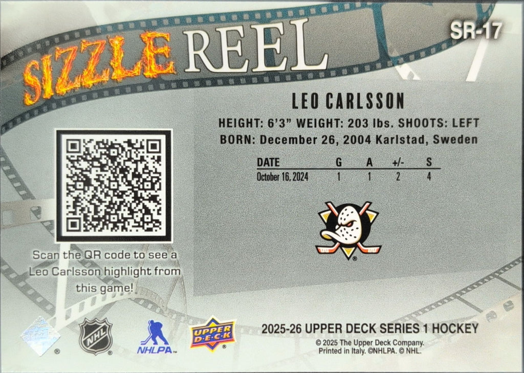 2025-26 Upper Deck Leo Carlsson #SR-17 Sizzle Reel Speckle Anaheim Ducks back