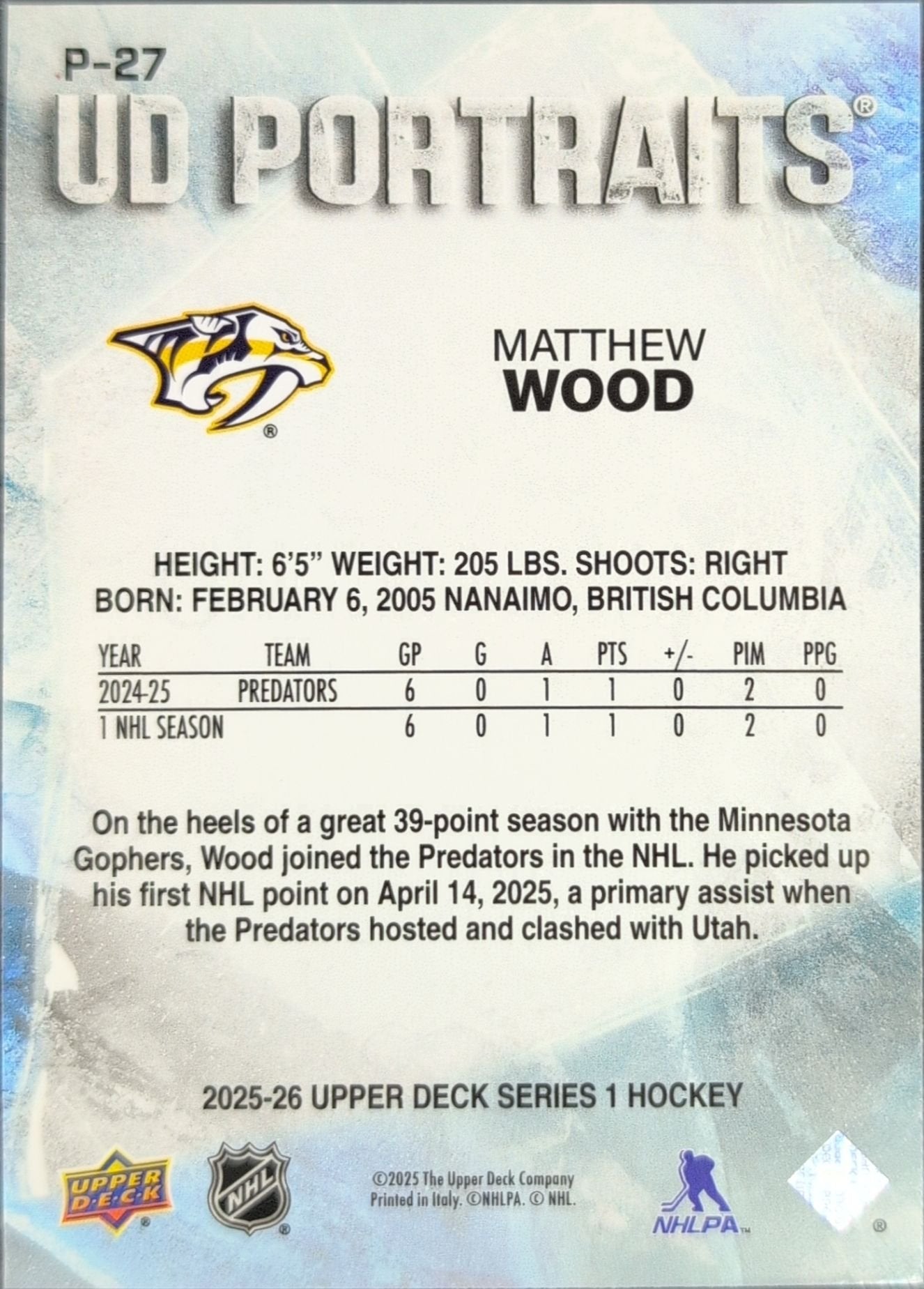Matthew Wood 2025-26 Upper Deck #P-27 UD Portraits Nashville Predators - back image