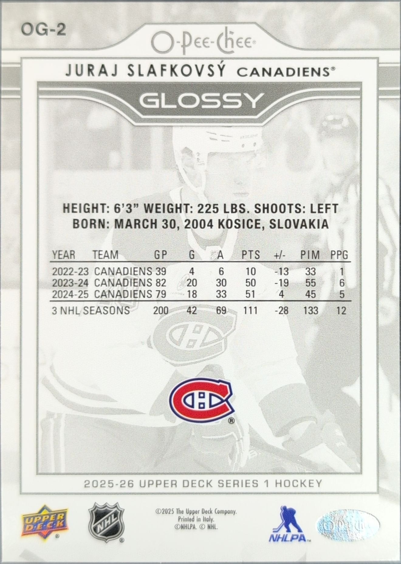 Juraj Slafkovsky 2025-26 Upper Deck #OG-2 O-Pee-Chee Glossy Montreal Canadiens - back image
