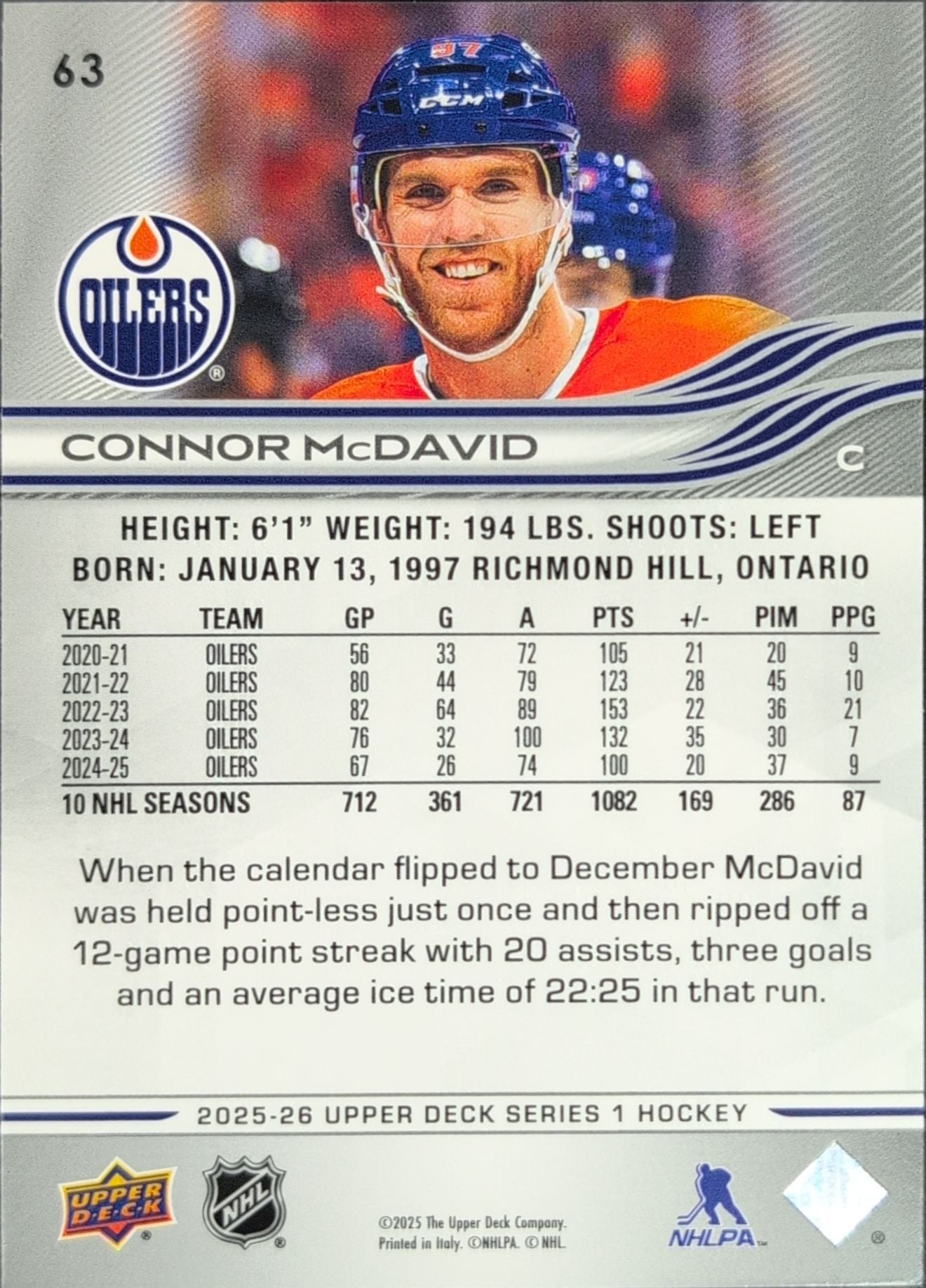 2025-26 Upper Deck Connor McDavid #63 Edmonton Oilers back