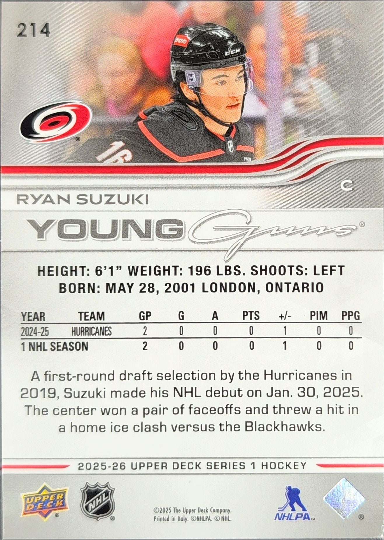 2025-26 Upper Deck Ryan Suzuki #214 RC Carolina Hurricanes back