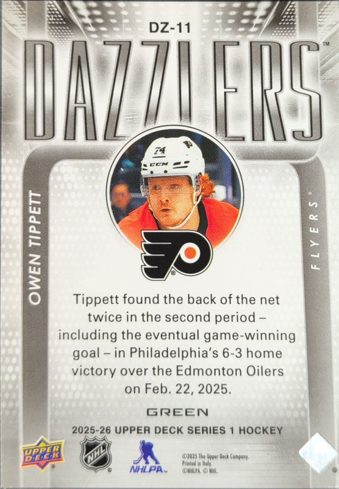 Owen Tippett 2025-26 Upper Deck #DZ-11 Dazzlers Green Philadelphia Flyers - back image