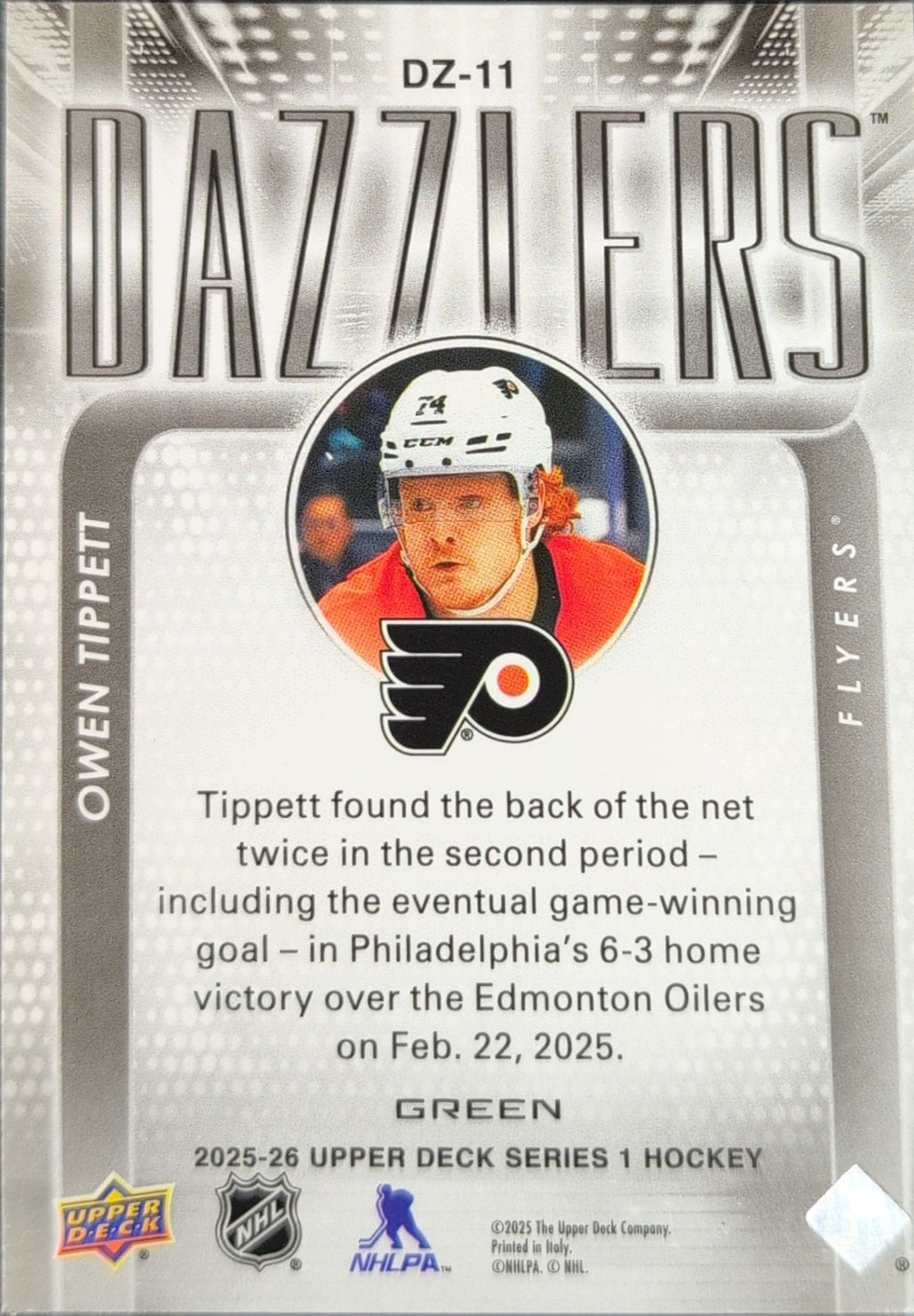 2025-26 Upper Deck Owen Tippett #DZ-11 Dazzlers Green Philadelphia Flyers back