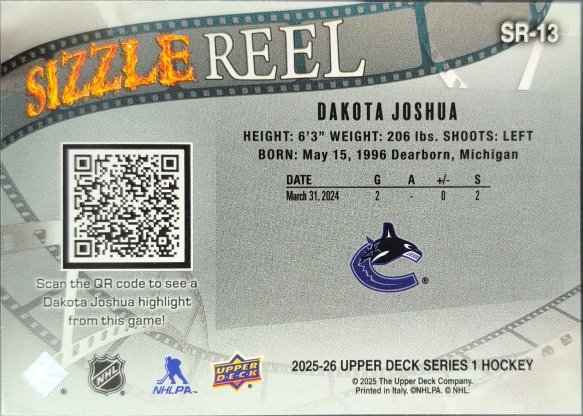 Dakota Joshua 2025-26 Upper Deck #SR-13 Sizzle Reel Vancouver Canucks - back image