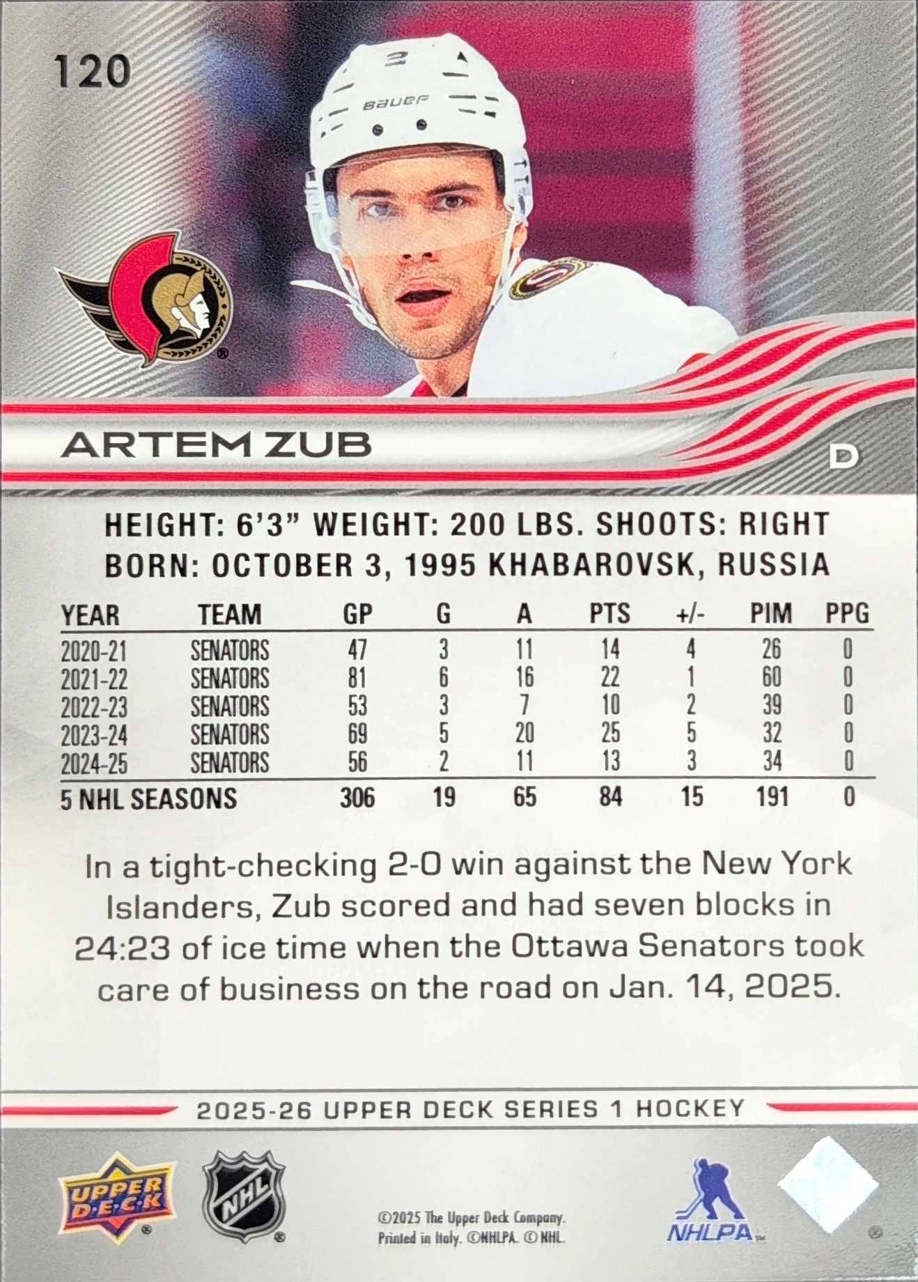 2025-26 Upper Deck Artem Zub #120 Ottawa Senators back