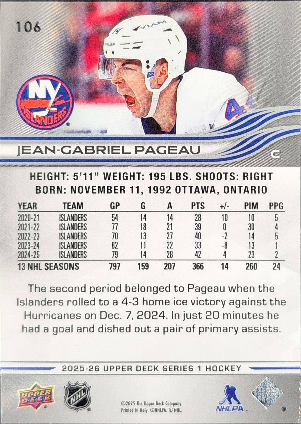 2025-26 Upper Deck Jean-Gabriel Pageau #106 New York Islanders back