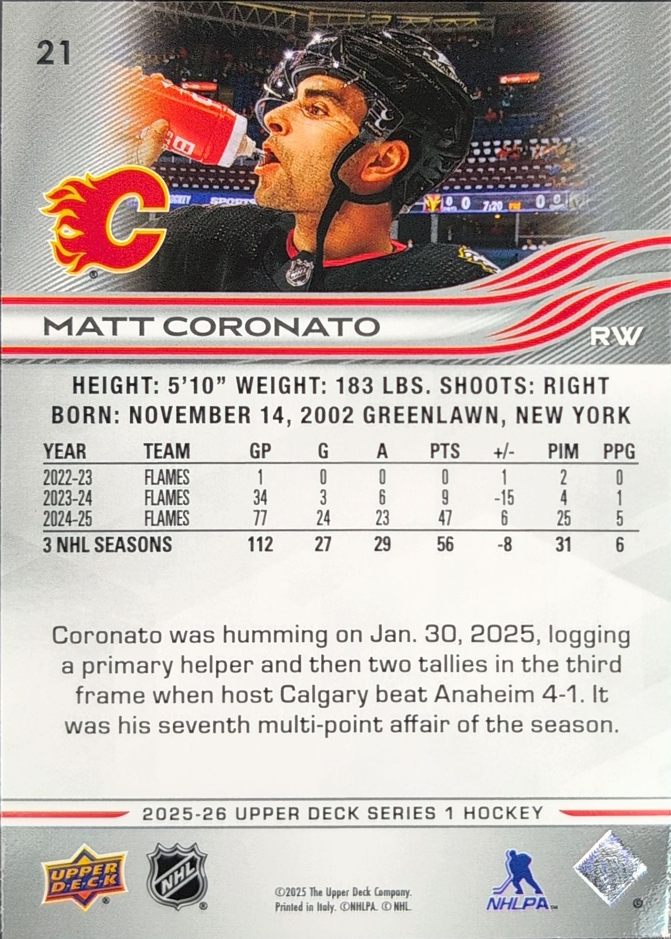 2025-26 Upper Deck Matt Coronato #21 Calgary Flames back