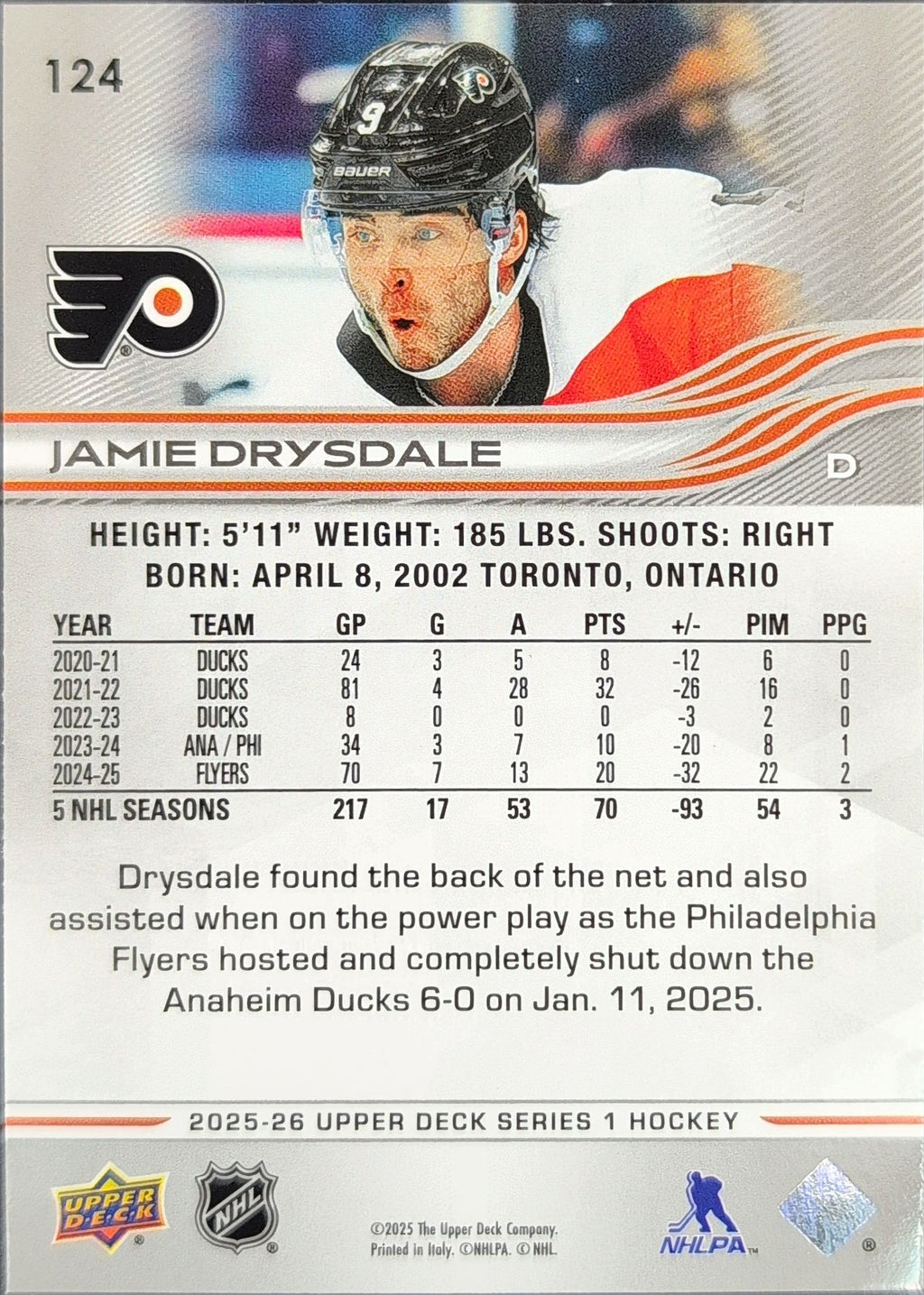 2025-26 Upper Deck Jamie Drysdale #124 Philadelphia Flyers back