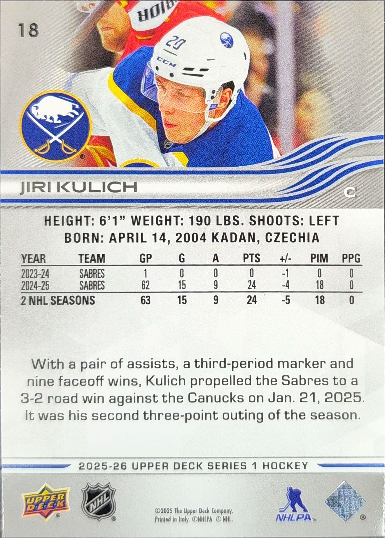 2025-26 Upper Deck Jiri Kulich #18 Buffalo Sabres back