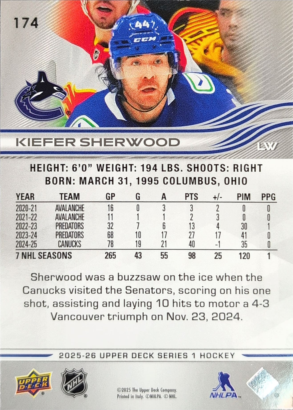 2025-26 Upper Deck Kiefer Sherwood #174 Vancouver Canucks back