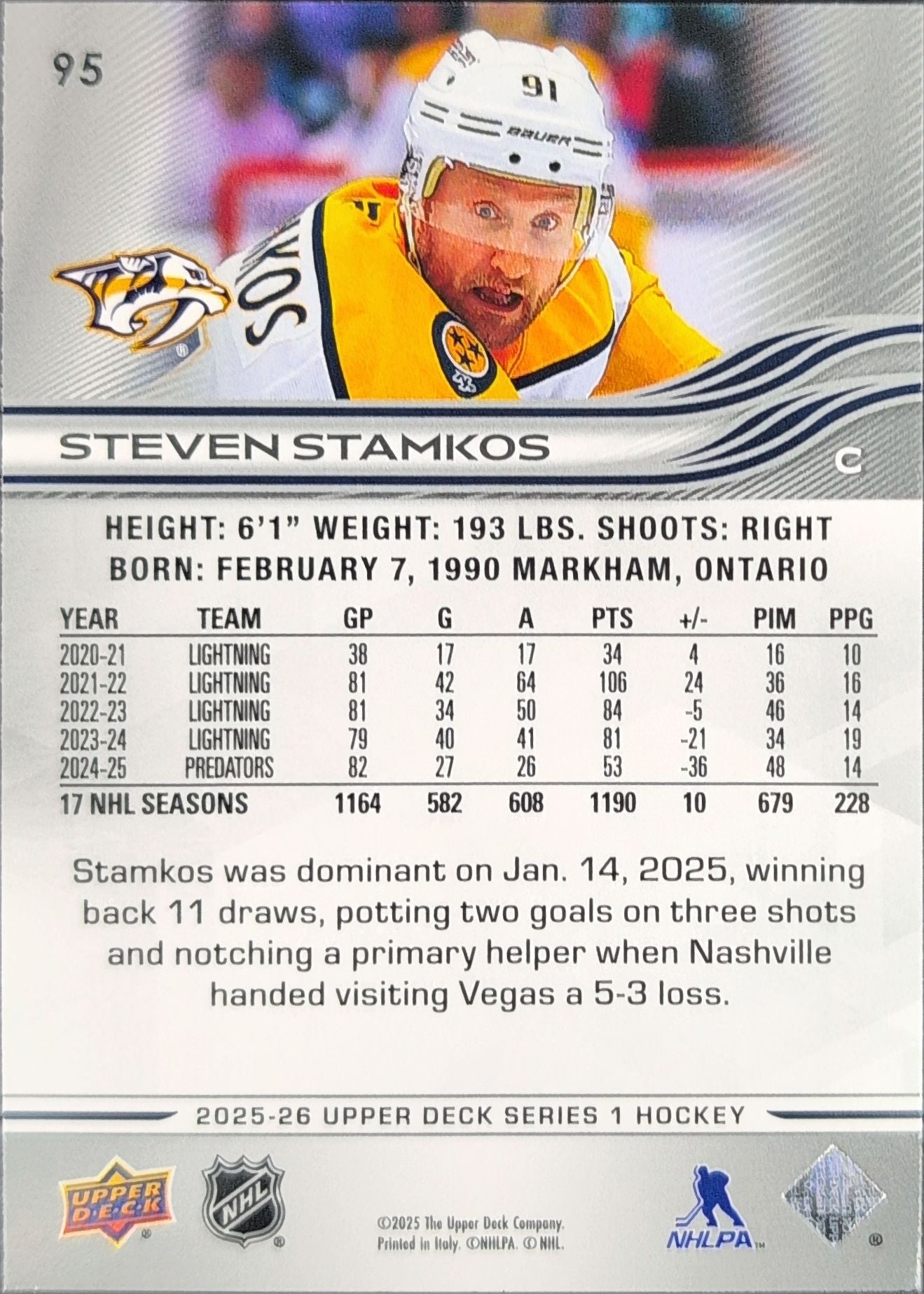 2025-26 Upper Deck Steven Stamkos #95 Nashville Predators back