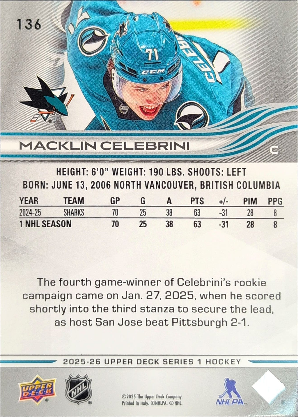 2025-26 Upper Deck Macklin Celebrini #136 San Jose Sharks back