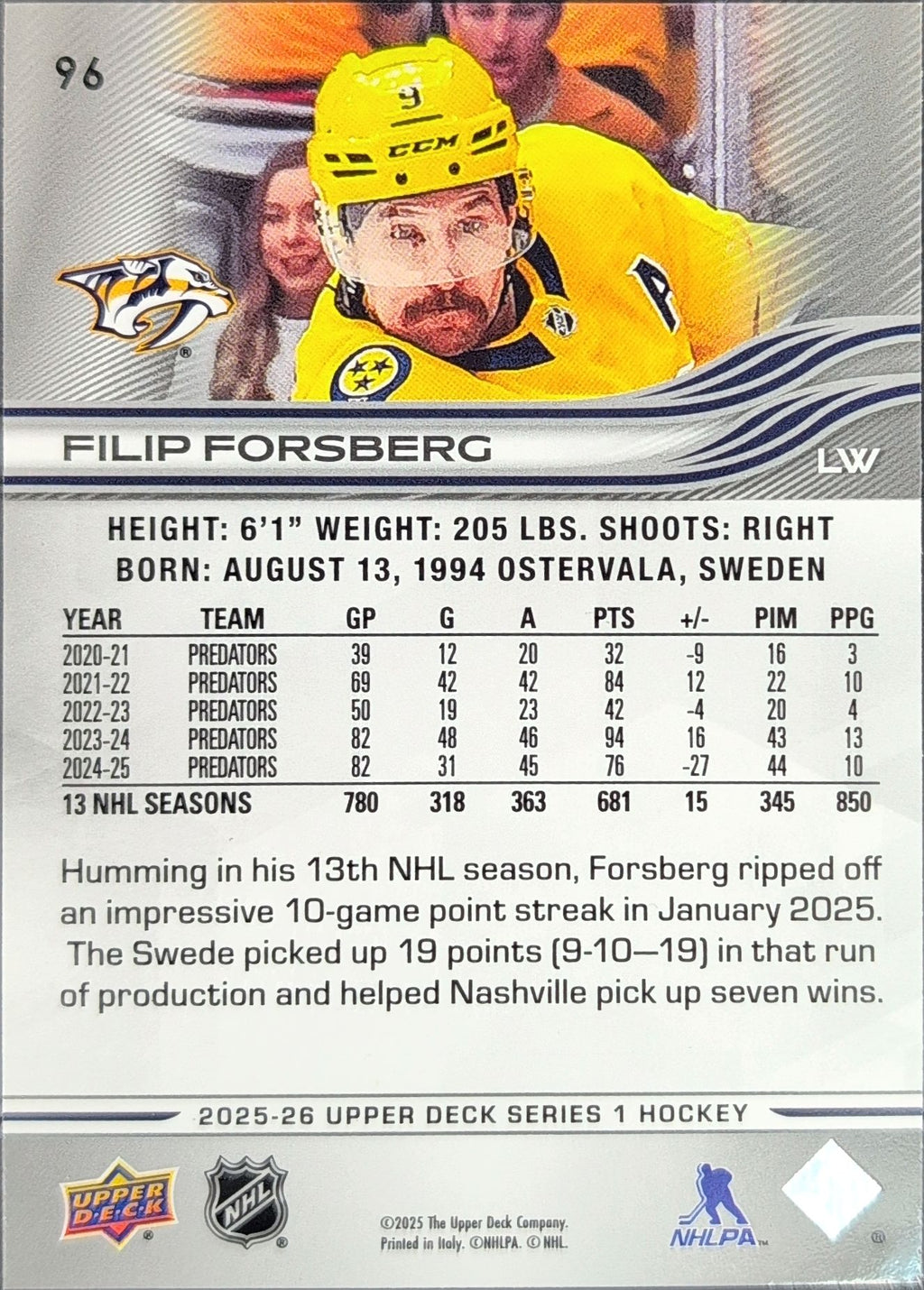 2025-26 Upper Deck Filip Forsberg #96 Nashville Predators back