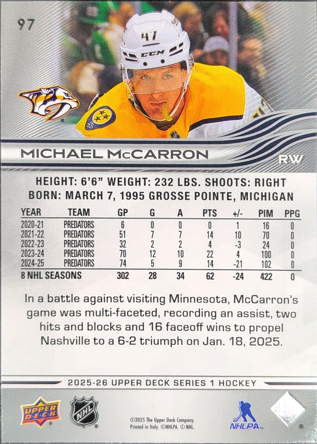 2025-26 Upper Deck Michael McCarron #97 Nashville Predators back