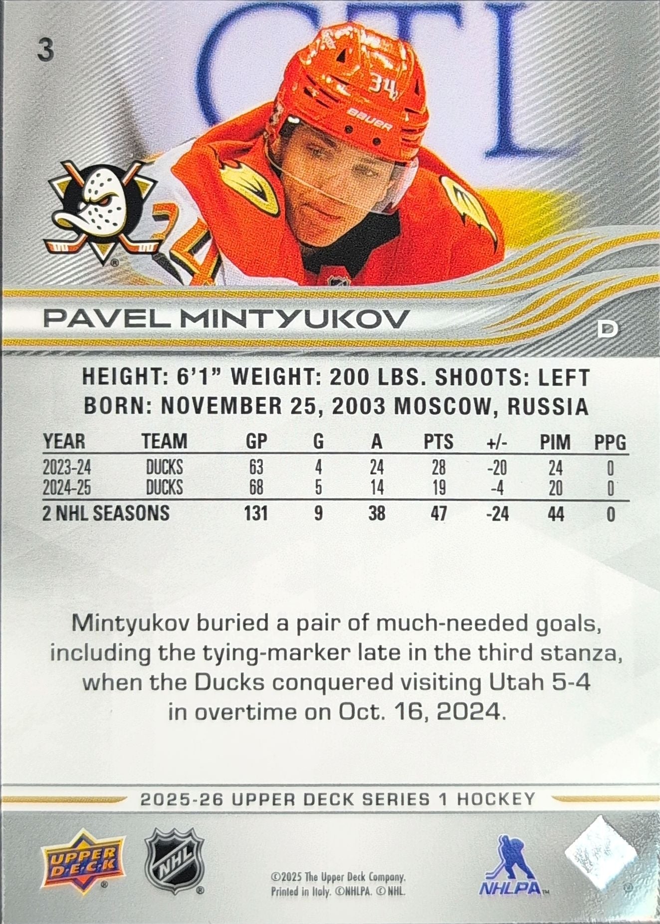 2025-26 Upper Deck Pavel Mintyukov #3 Anaheim Ducks back