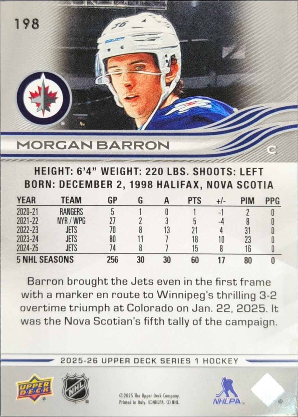 2025-26 Upper Deck Morgan Barron #198 Winnipeg Jets back