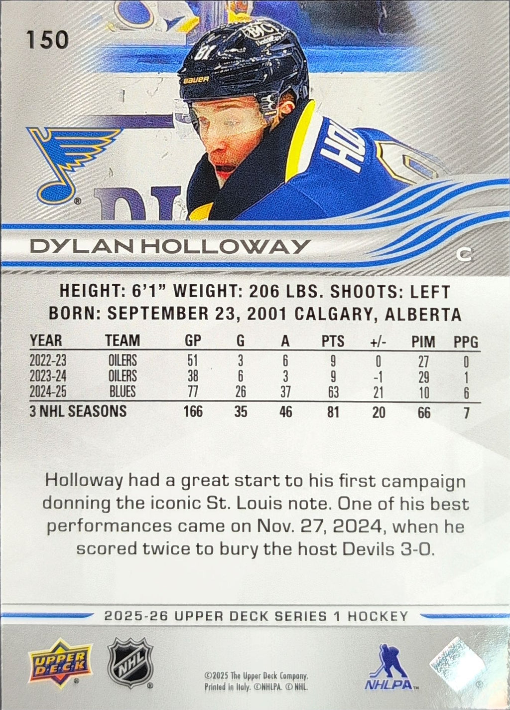 2025-26 Upper Deck Dylan Holloway #150 St. Louis Blues back