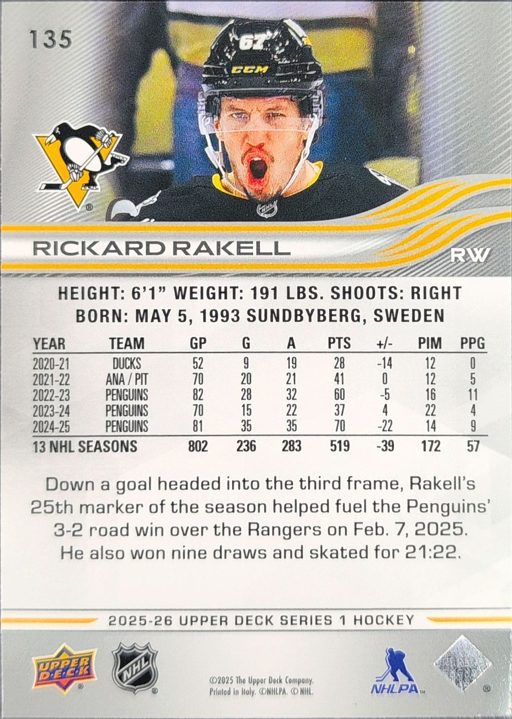 2025-26 Upper Deck Rickard Rakell #135 Pittsburgh Penguins back