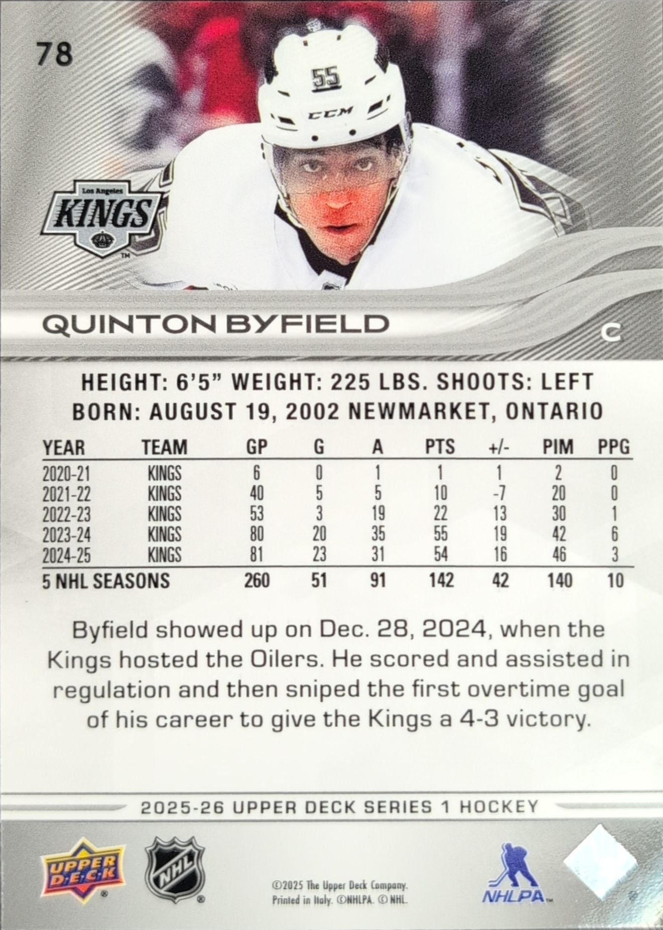 2025-26 Upper Deck Quinton Byfield #78 Los Angeles Kings back