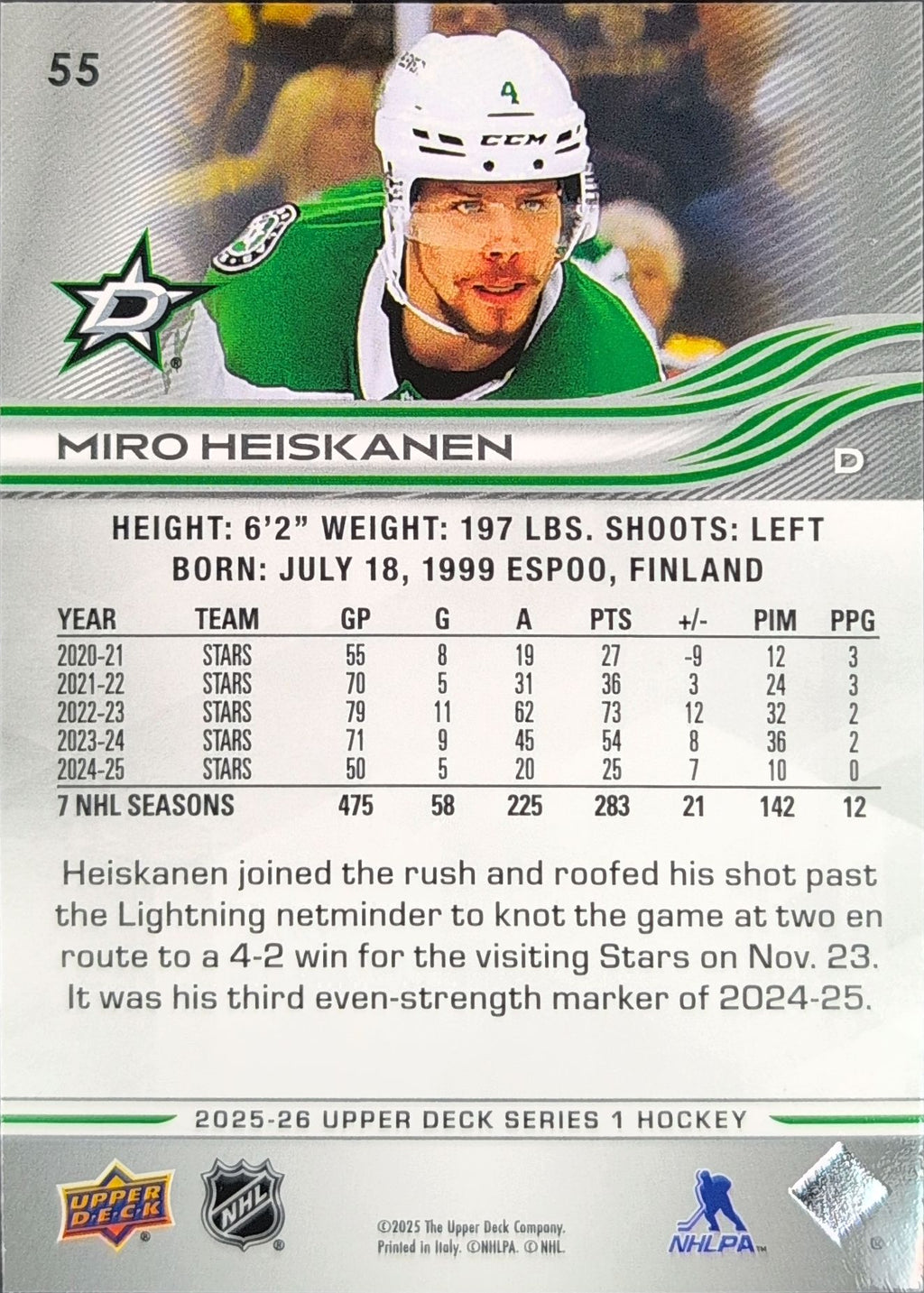 2025-26 Upper Deck Miro Heiskanen #55 Dallas Stars back