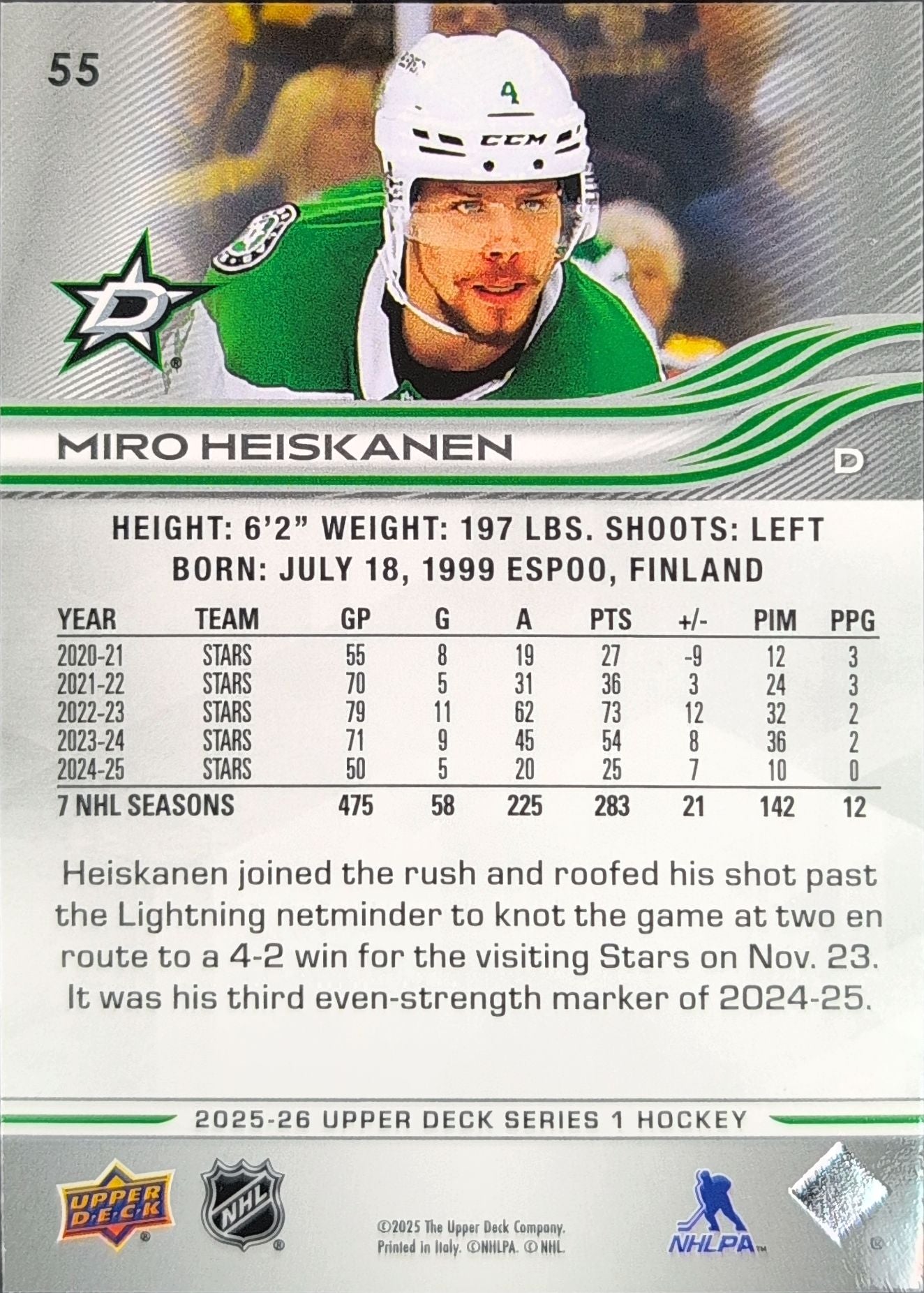 2025-26 Upper Deck Miro Heiskanen #55 Dallas Stars back