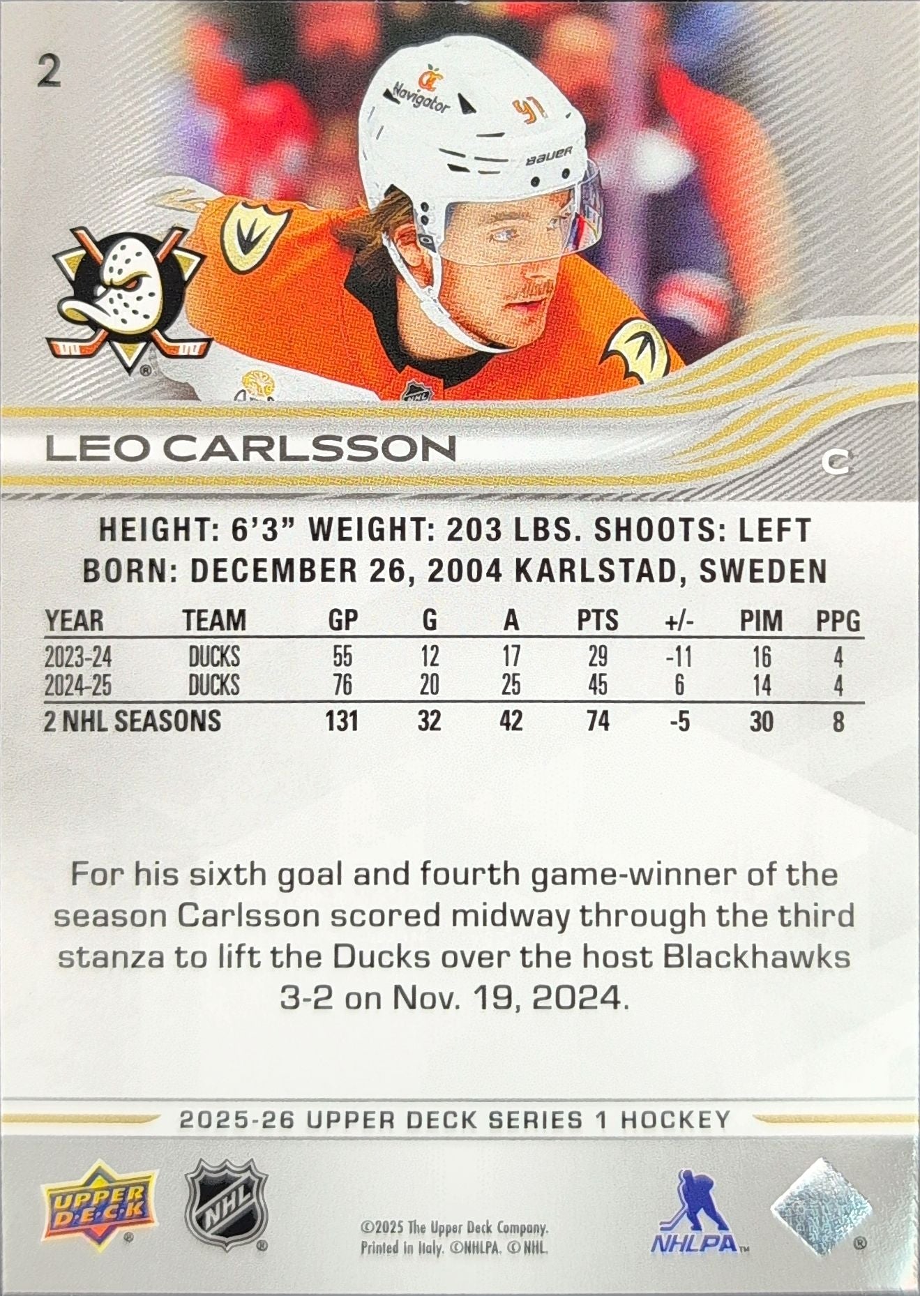 2025-26 Upper Deck Leo Carlsson #2 Anaheim Ducks back