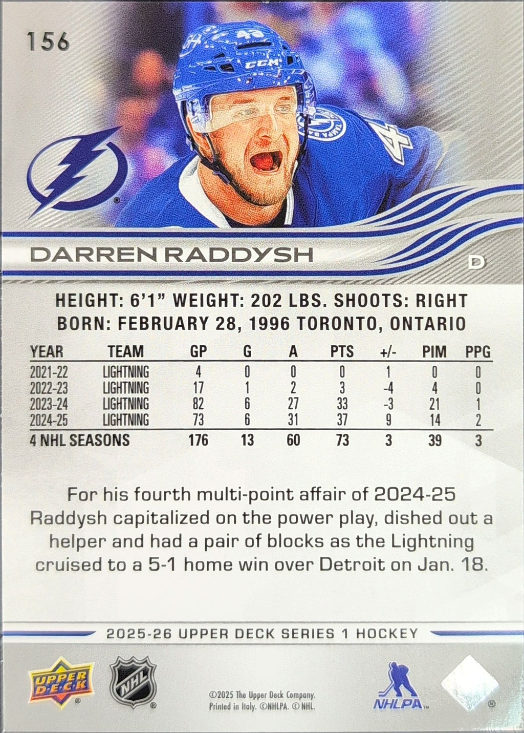 2025-26 Upper Deck Darren Raddysh #156 Tampa Bay Lightning back
