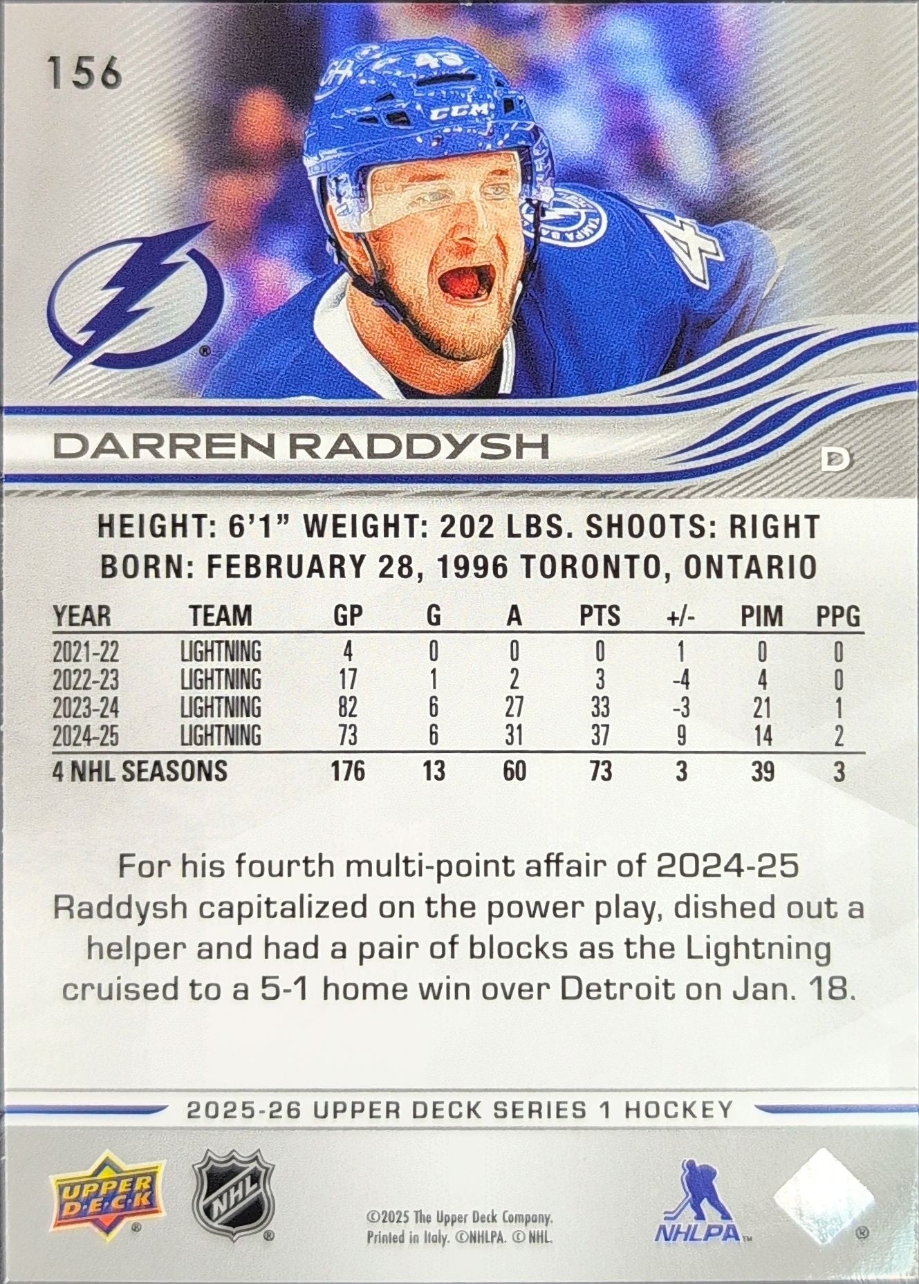 2025-26 Upper Deck Darren Raddysh #156 Tampa Bay Lightning back