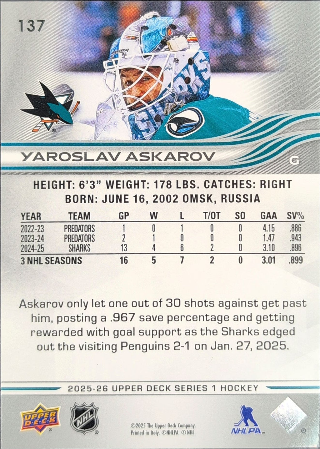 2025-26 Upper Deck Yaroslav Askarov #137 San Jose Sharks back