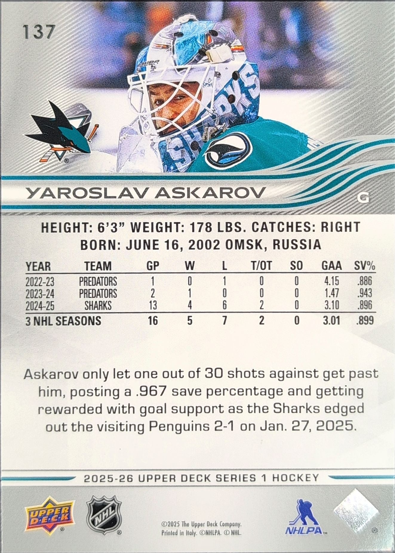2025-26 Upper Deck Yaroslav Askarov #137 San Jose Sharks back