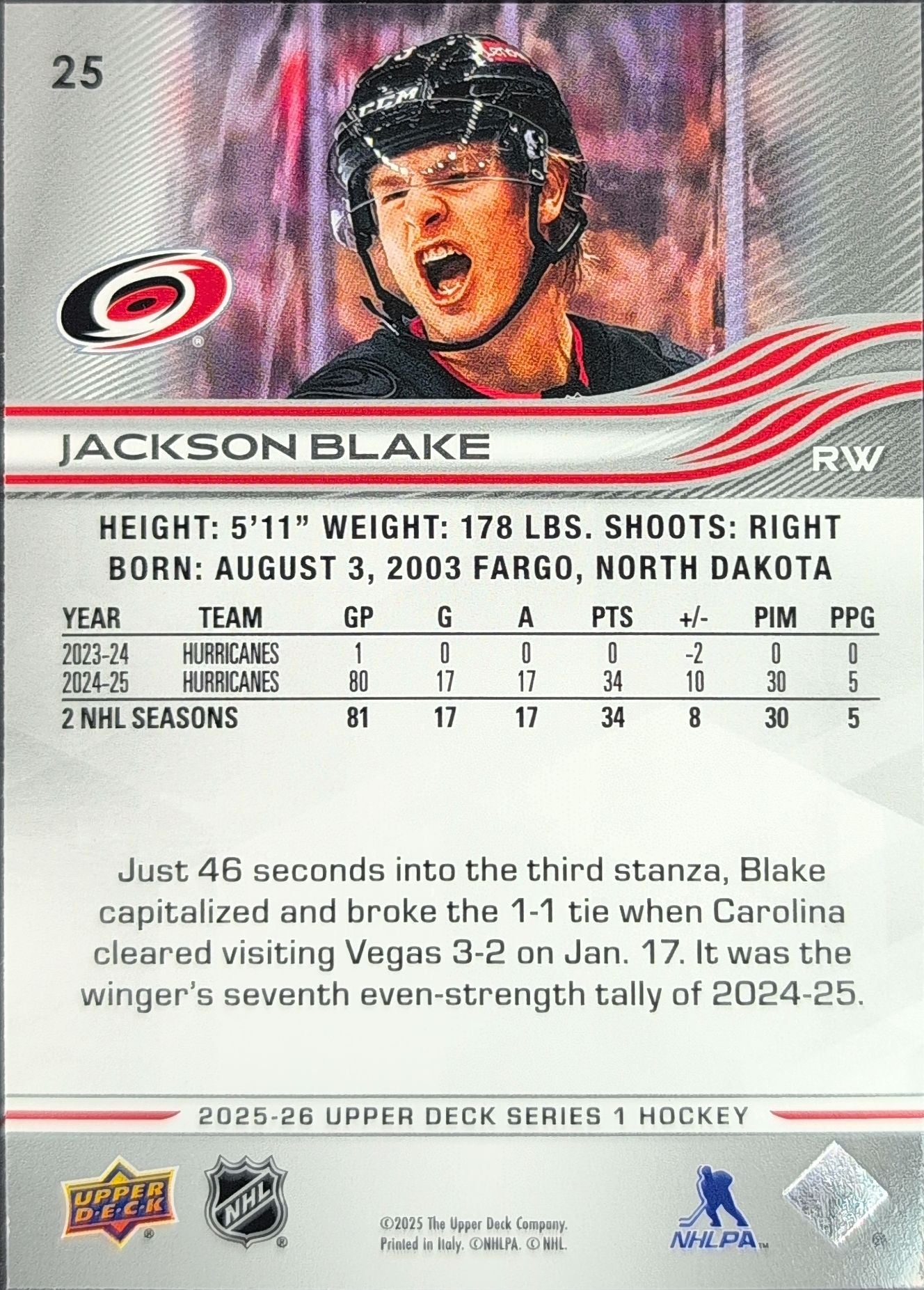2025-26 Upper Deck Jackson Blake #25 Carolina Hurricanes back