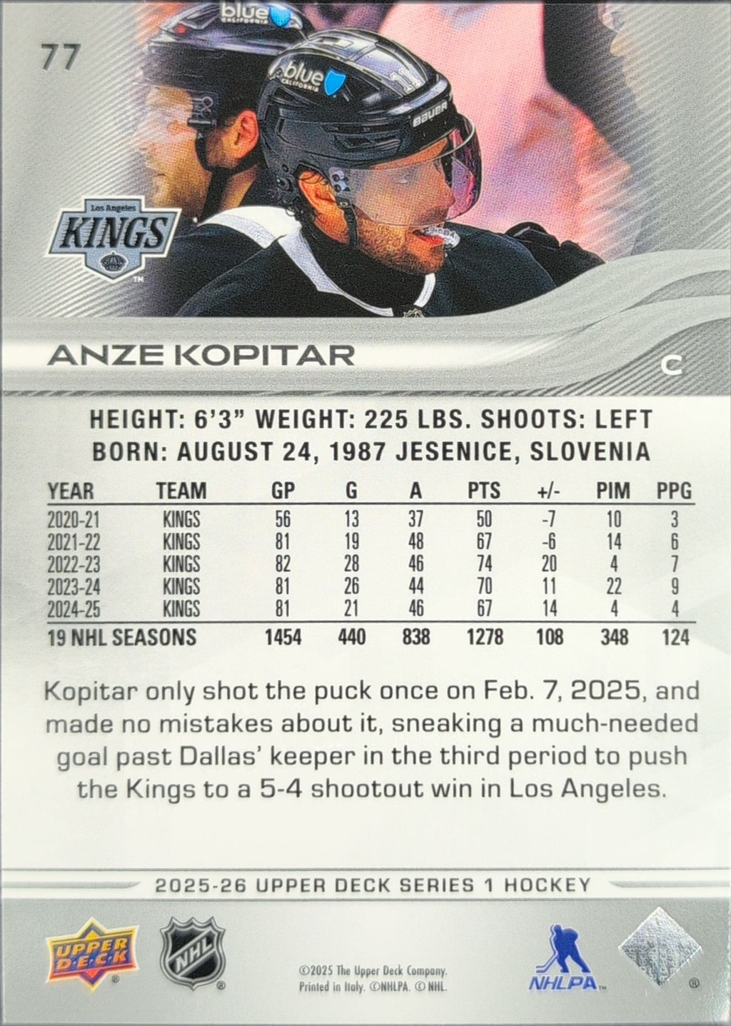 2025-26 Upper Deck Anze Kopitar #77 Los Angeles Kings back