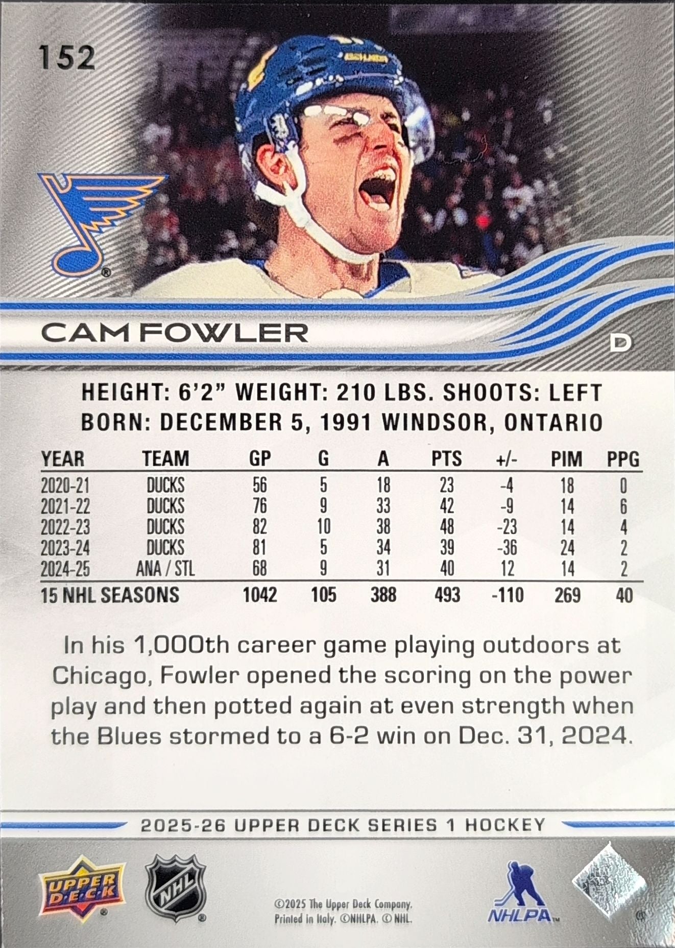 2025-26 Upper Deck Cam Fowler #152 St. Louis Blues back