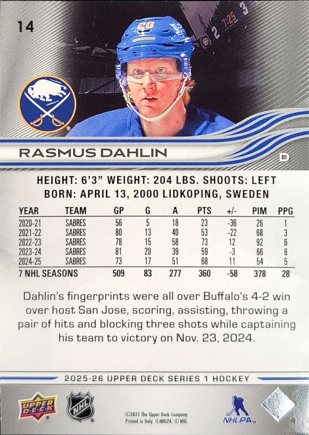 2025-26 Upper Deck Rasmus Dahlin #14 Buffalo Sabres back