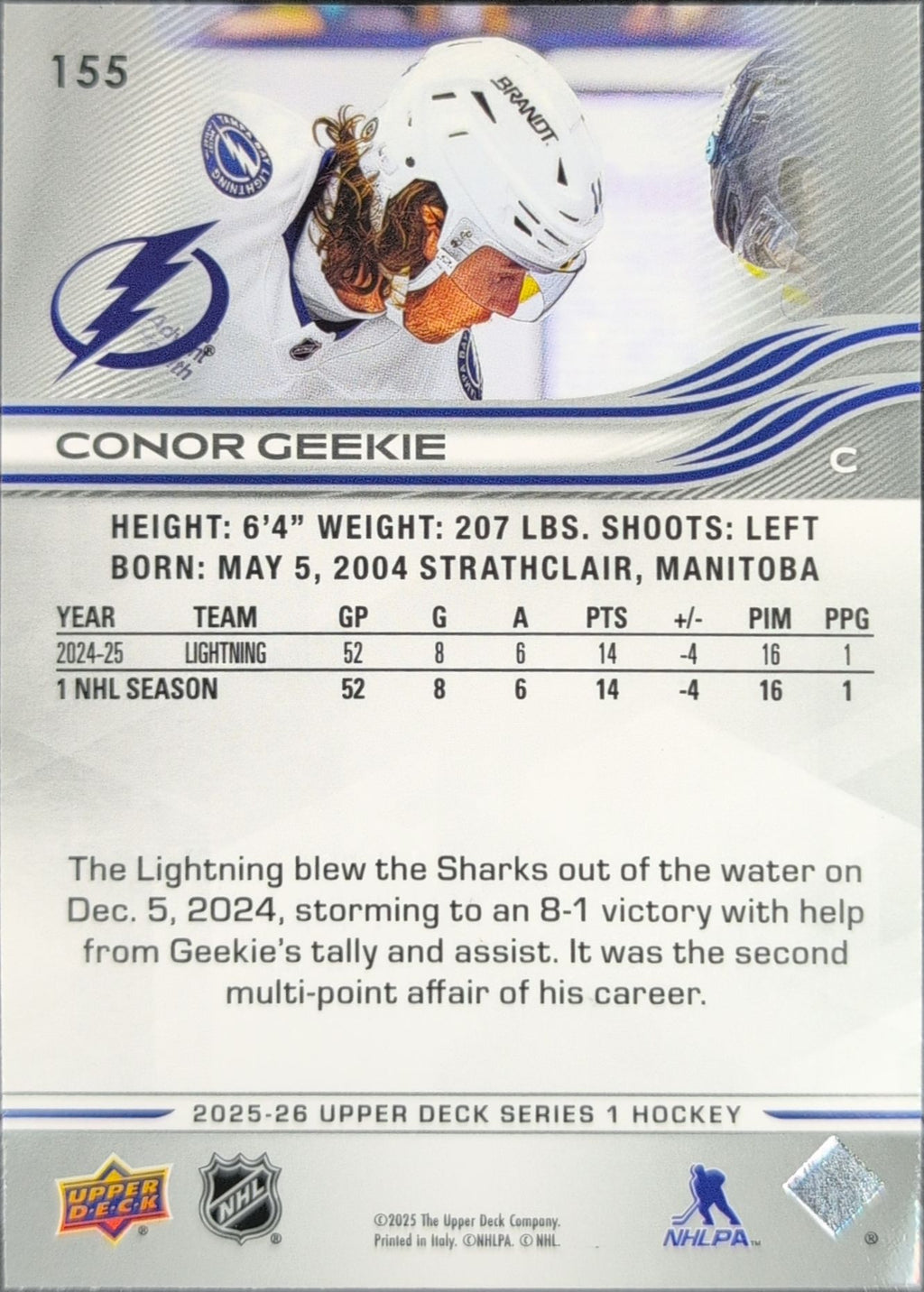 2025-26 Upper Deck Conor Geekie #155 Tampa Bay Lightning back