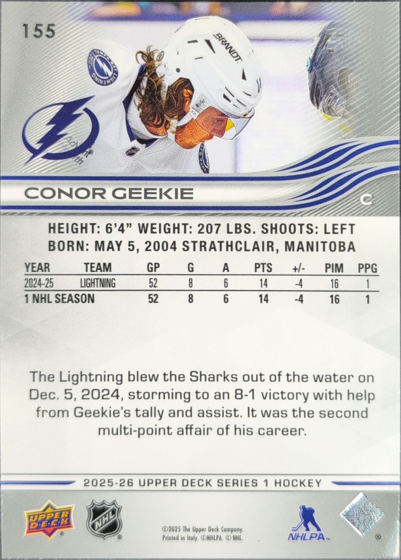 2025-26 Upper Deck Conor Geekie #155 Tampa Bay Lightning back