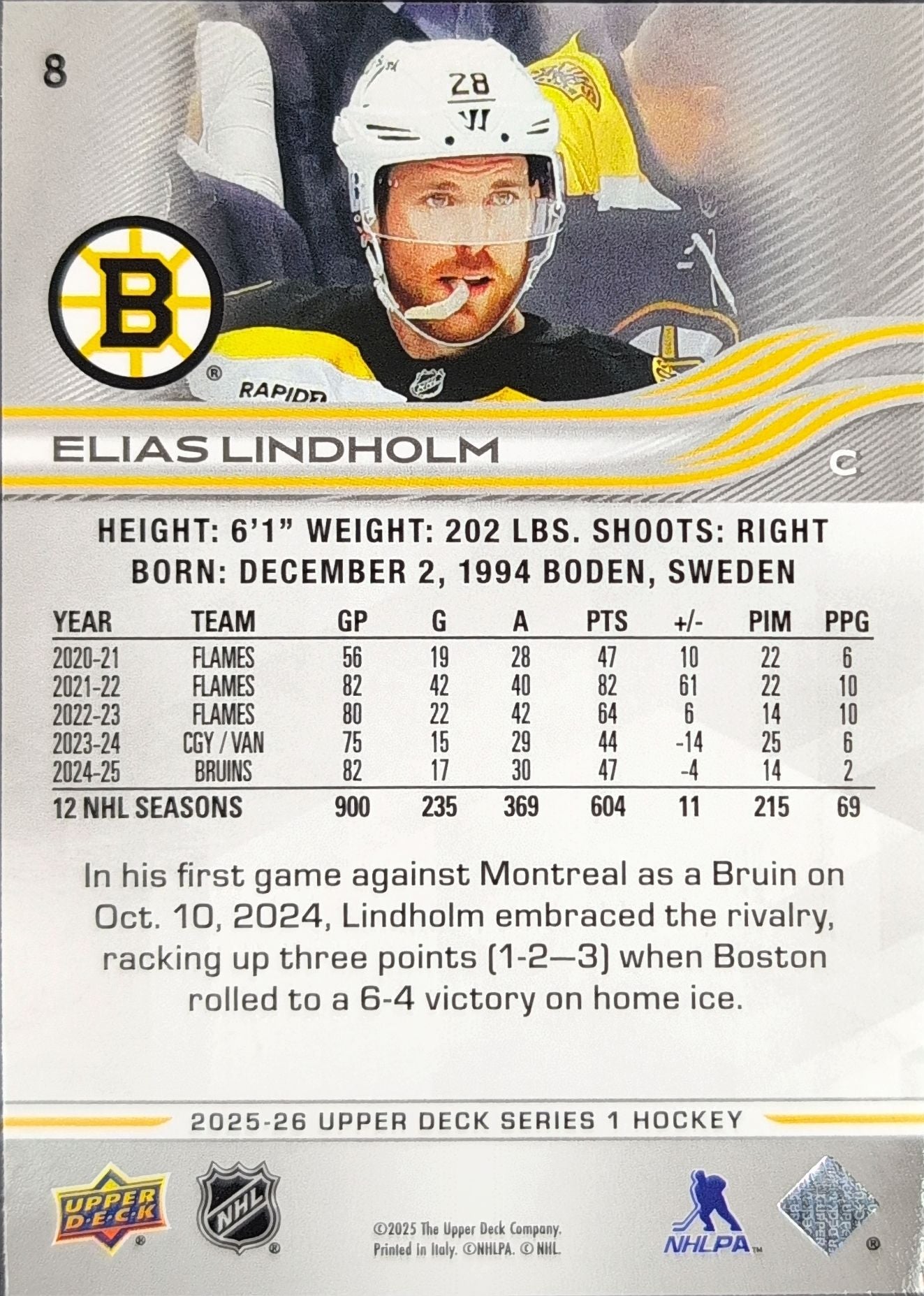 2025-26 Upper Deck Elias Lindholm #8 Boston Bruins back