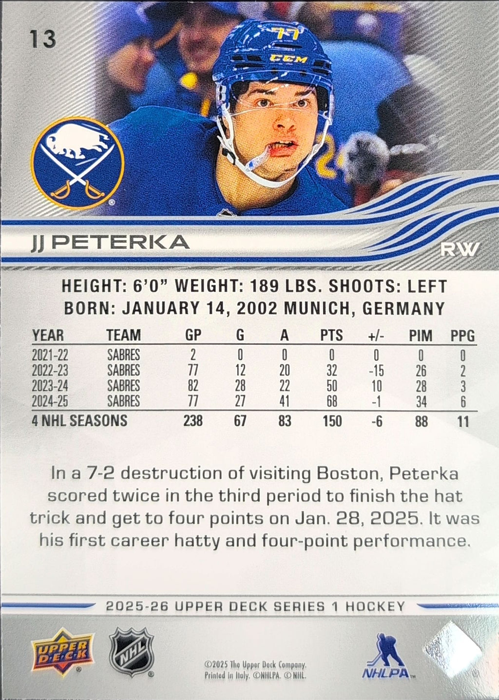2025-26 Upper Deck JJ Peterka #13 Buffalo Sabres back